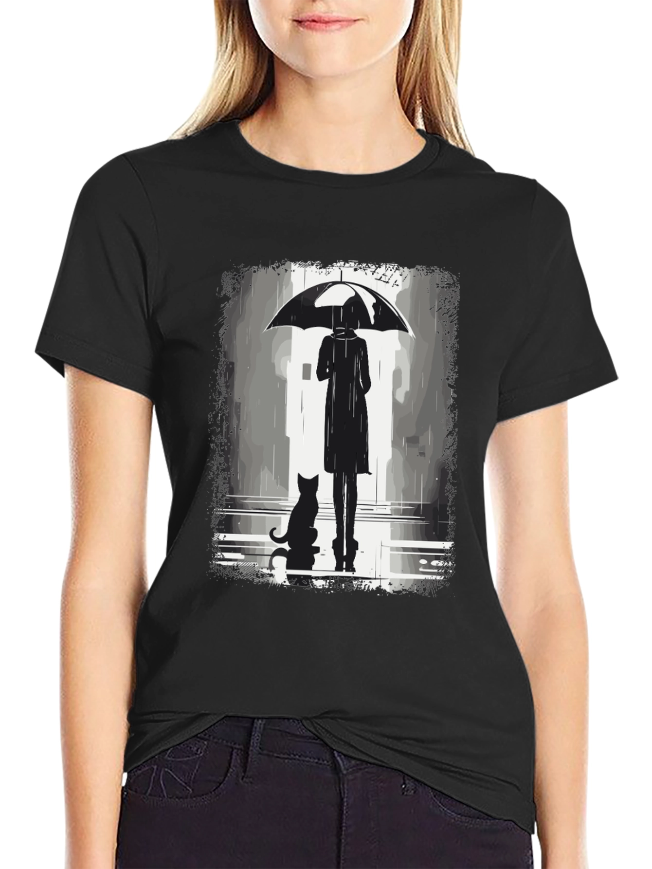Rainy Day T-Shirt: Woman Cat & Umbrella