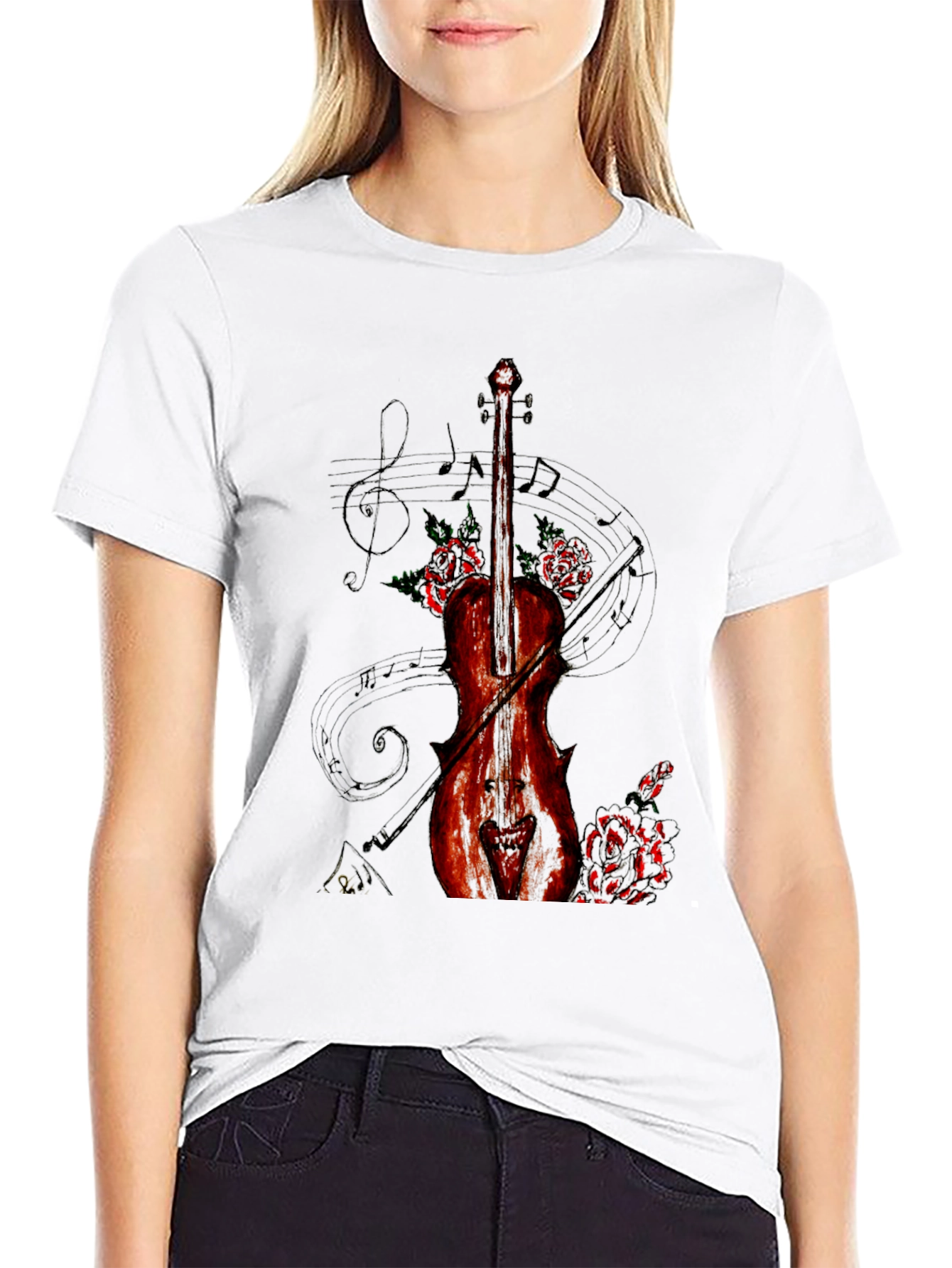 Musical Violin & Roses Graphic T-Shirt