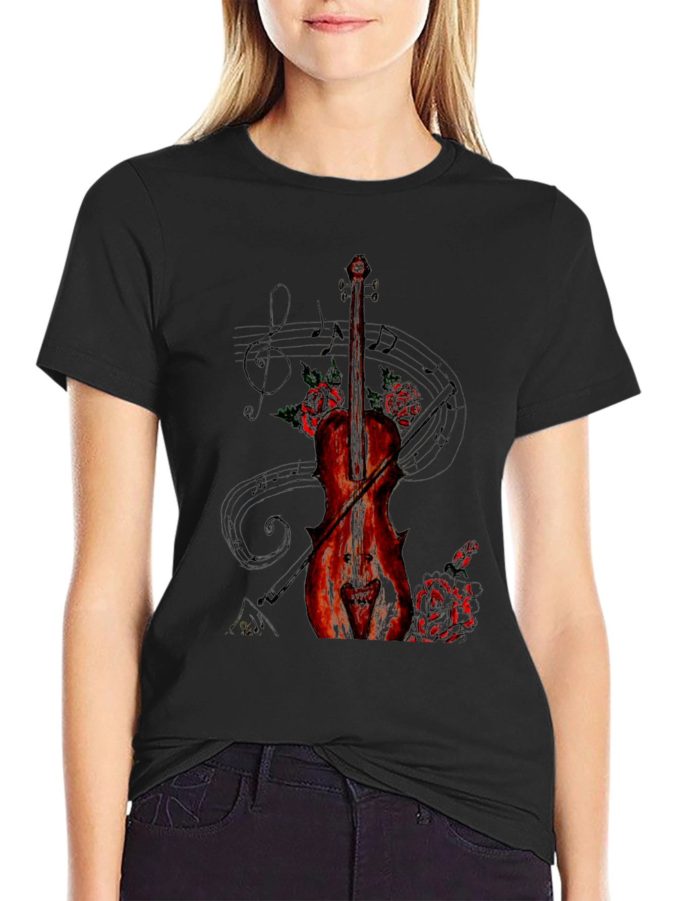 Musical Violin & Roses Graphic T-Shirt