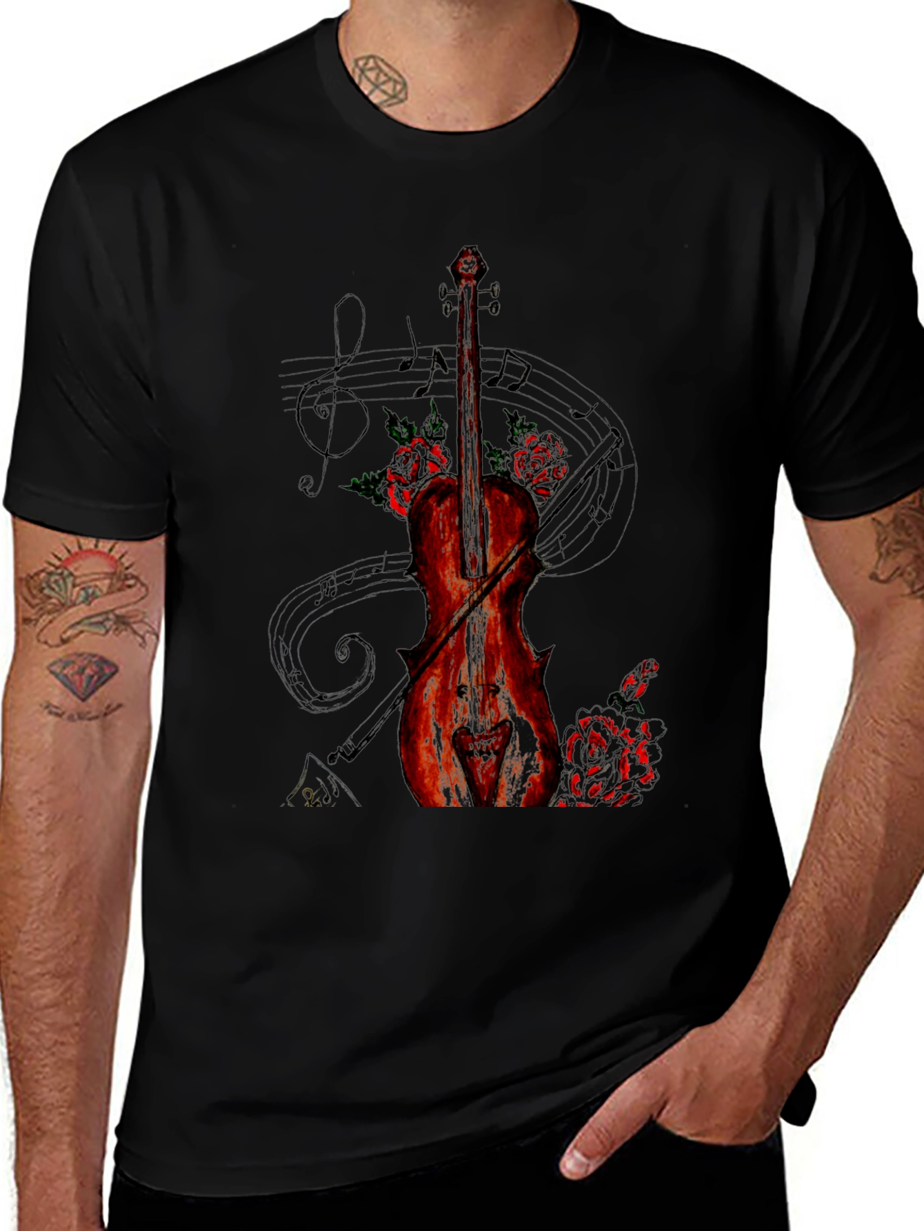 Musical Violin & Roses Graphic T-Shirt