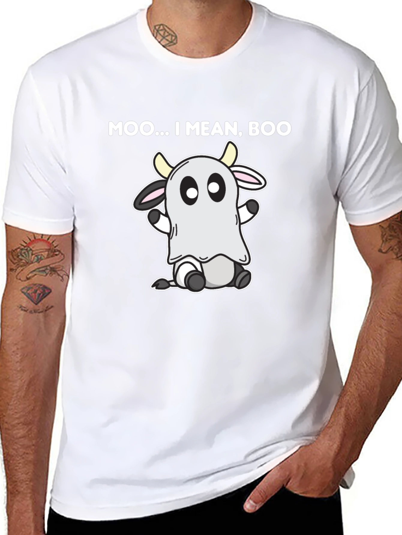 Moo I Mean Boo Cow Ghost Black T-Shirt