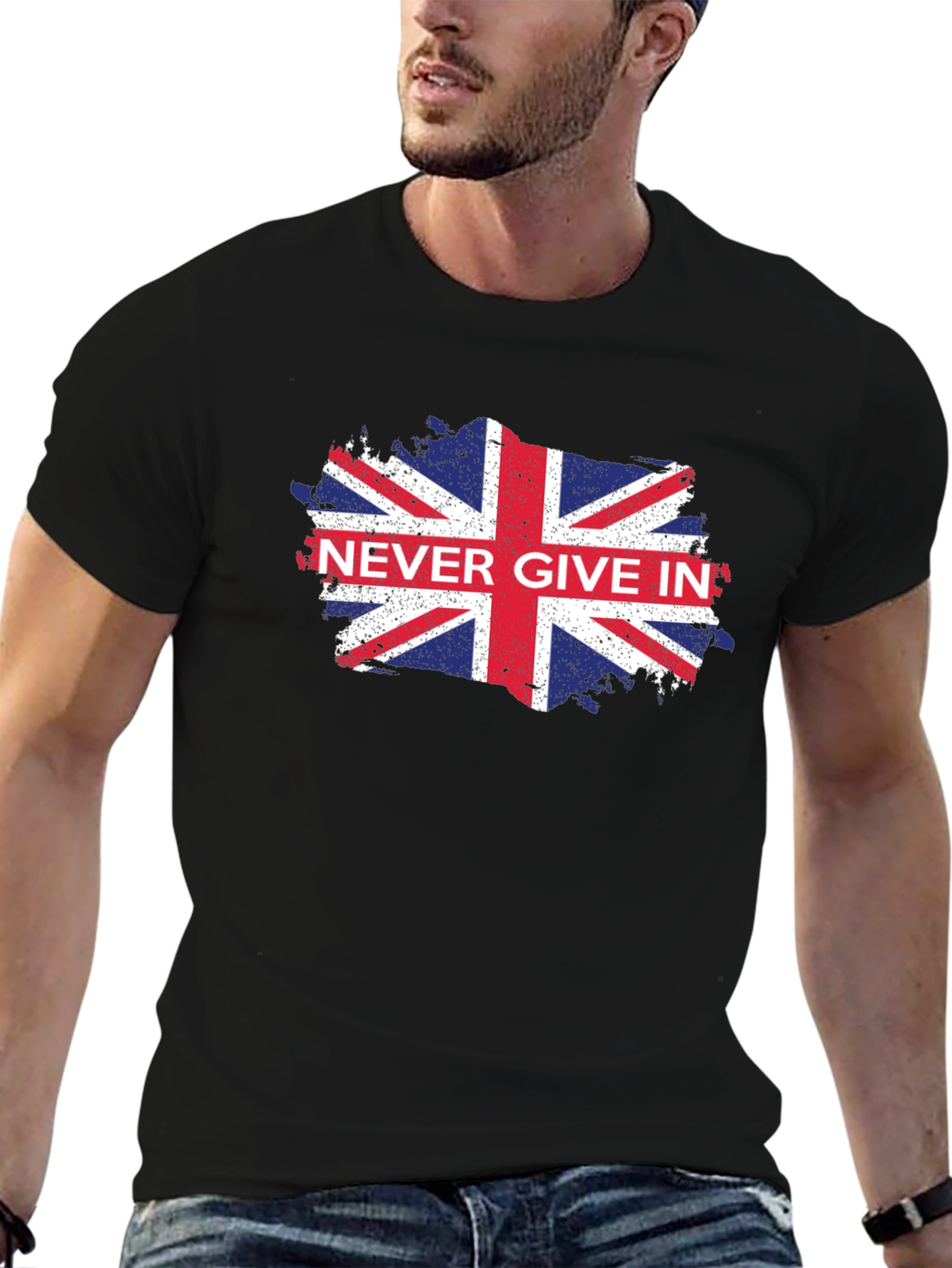 Never Give In UK Flag Graphic Black T-Shirt