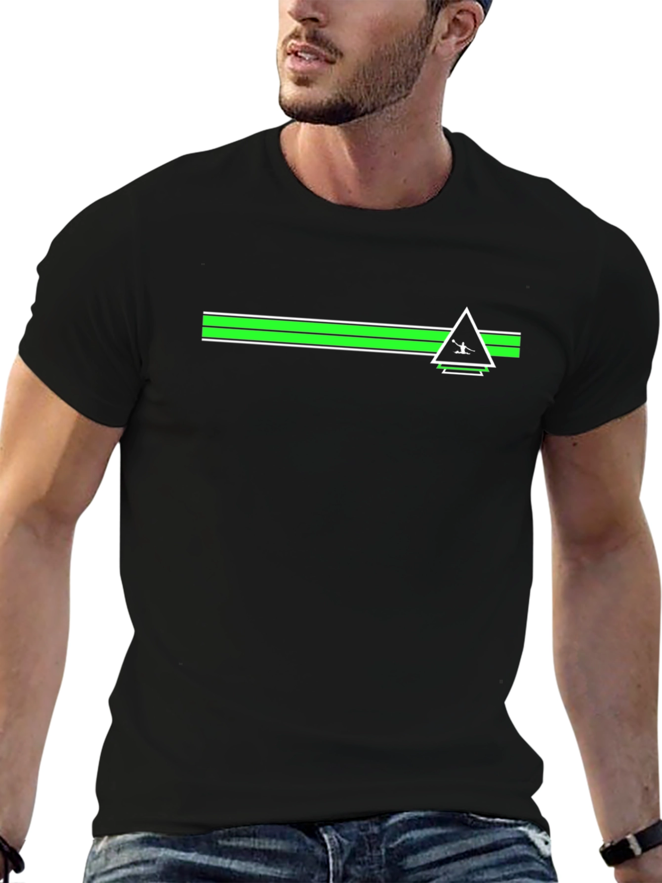 Mens Black Graphic Tee - Green Stripe Triangle Design