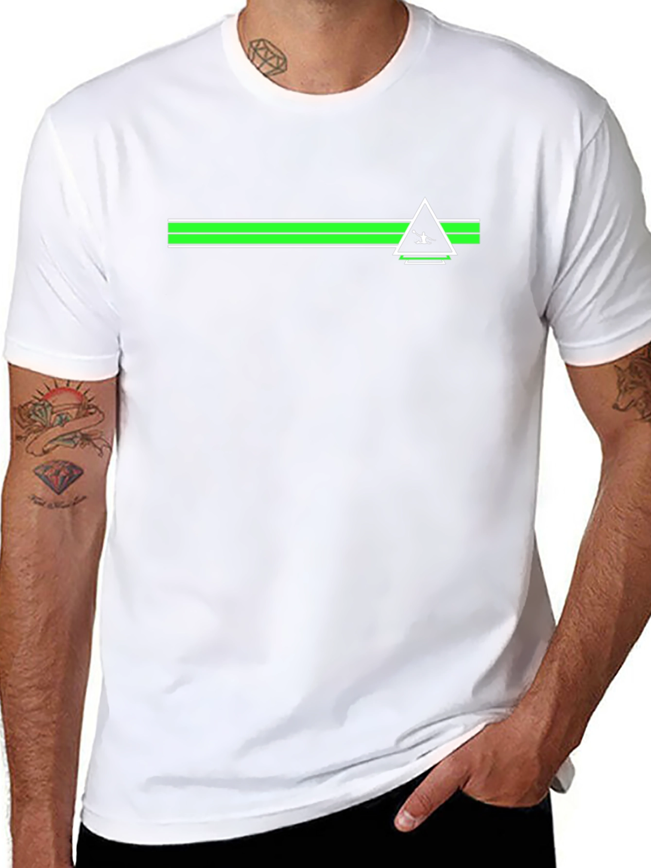 Mens Black Graphic Tee - Green Stripe Triangle Design