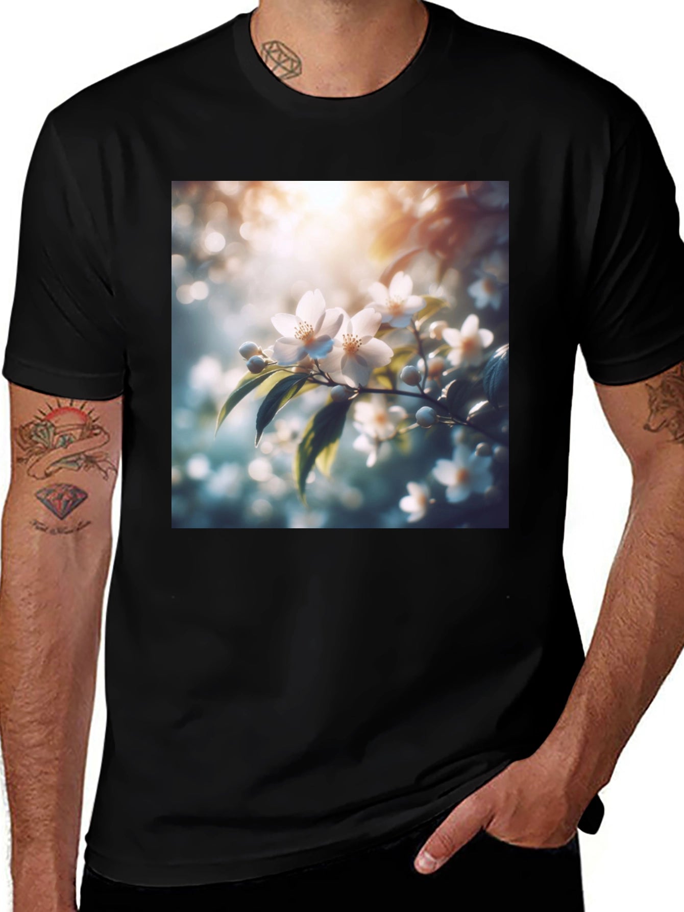 White Floral Blossom Graphic Black T-Shirt