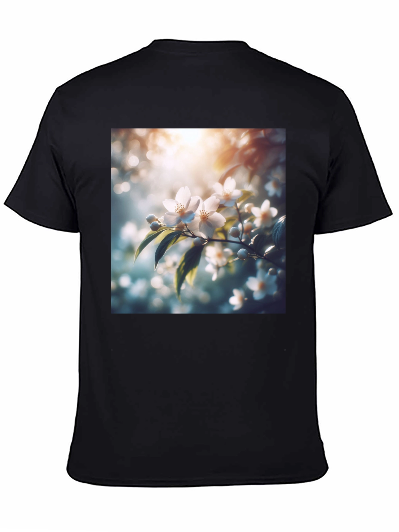 White Floral Blossom Graphic Black T-Shirt