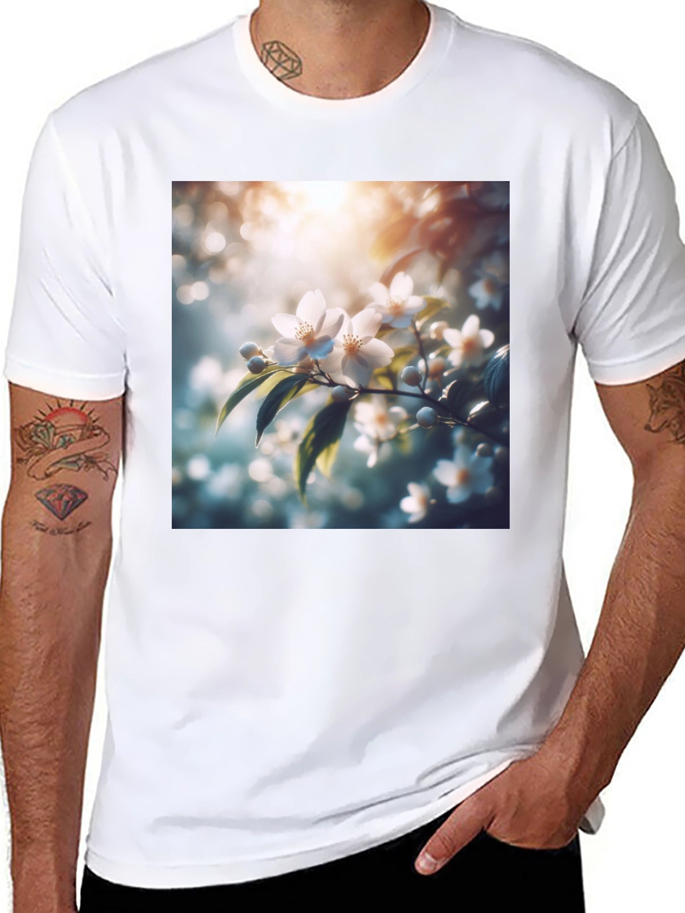White Floral Blossom Graphic Black T-Shirt