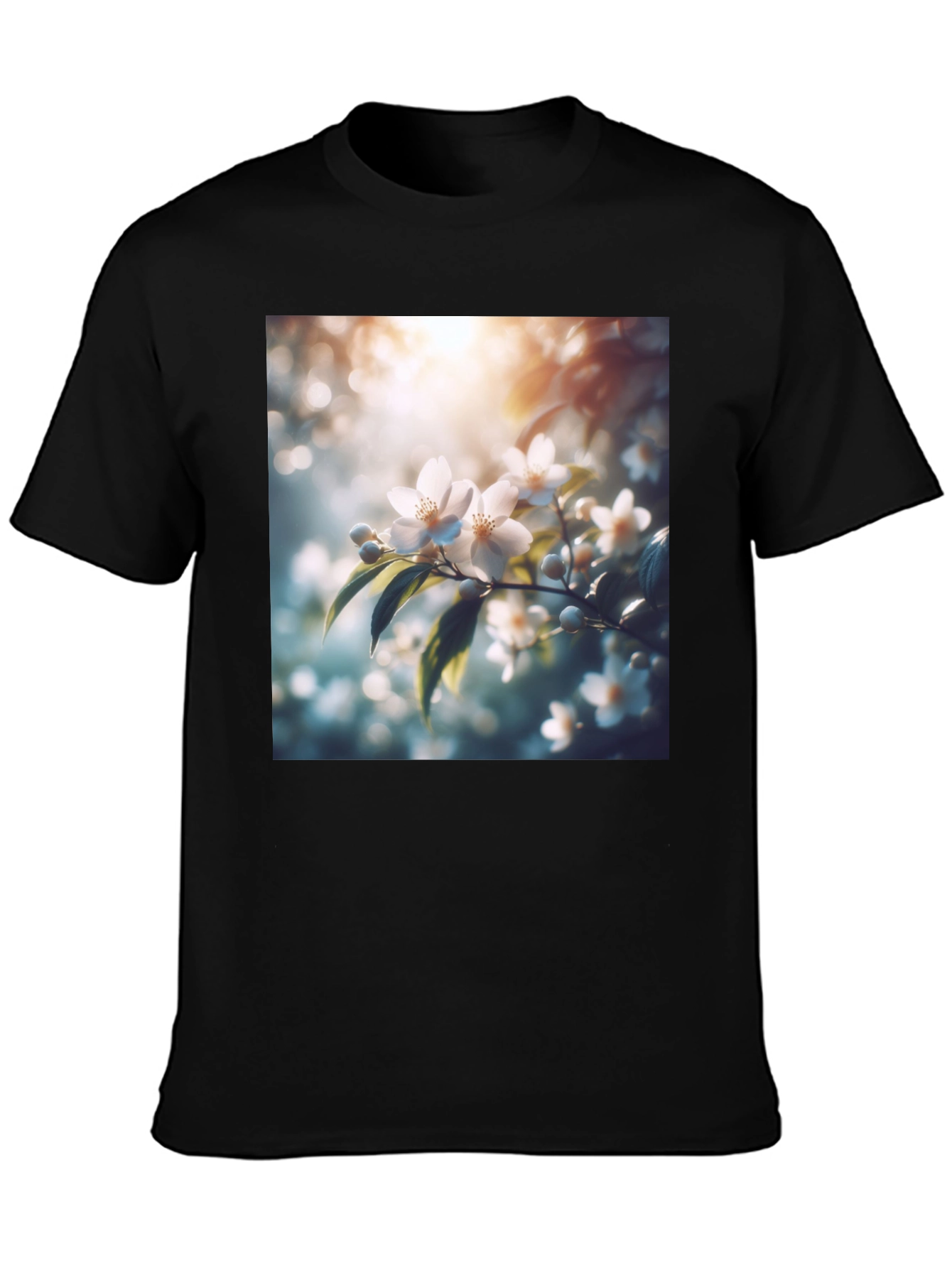White Floral Blossom Graphic Black T-Shirt
