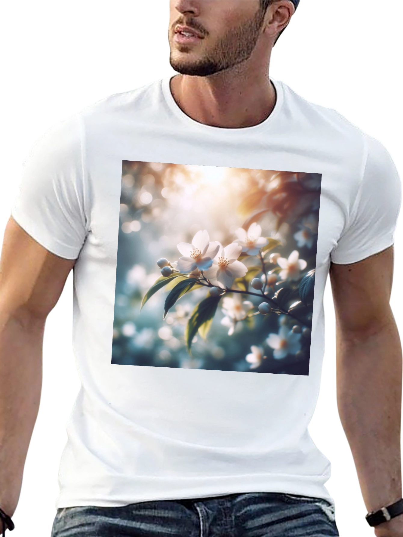 White Floral Blossom Graphic Black T-Shirt