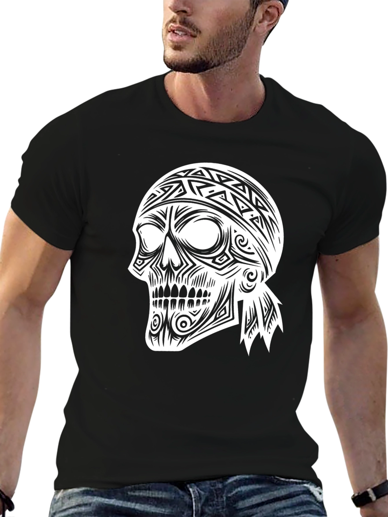Skull Graphic Tee - Tribal Bandana Design