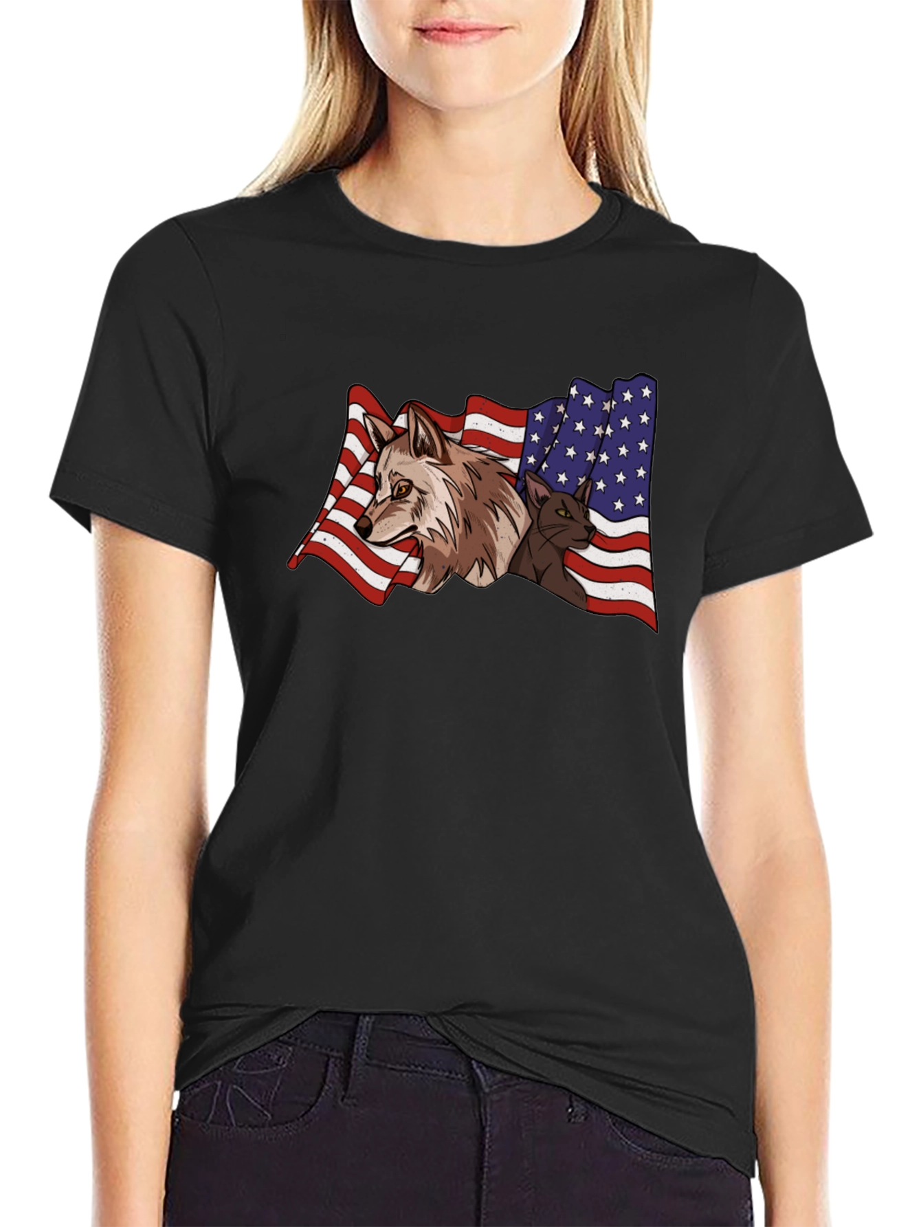 American Flag Wolf & Cat T-Shirt