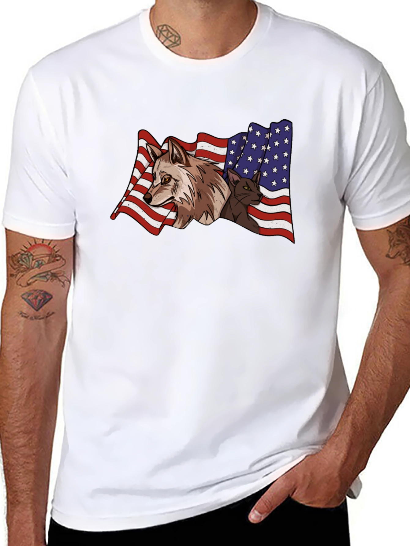 American Flag Wolf & Cat T-Shirt