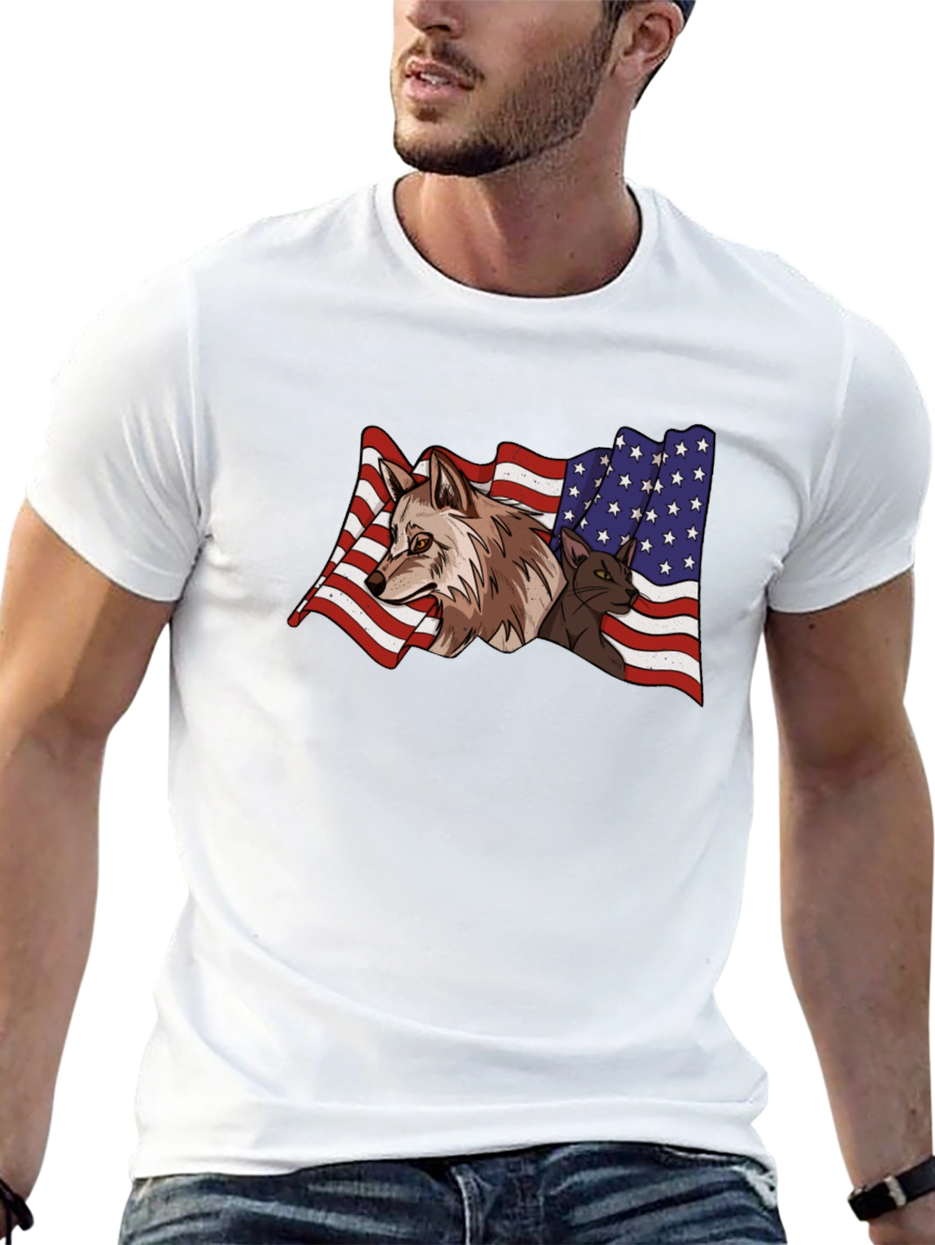 American Flag Wolf & Cat T-Shirt
