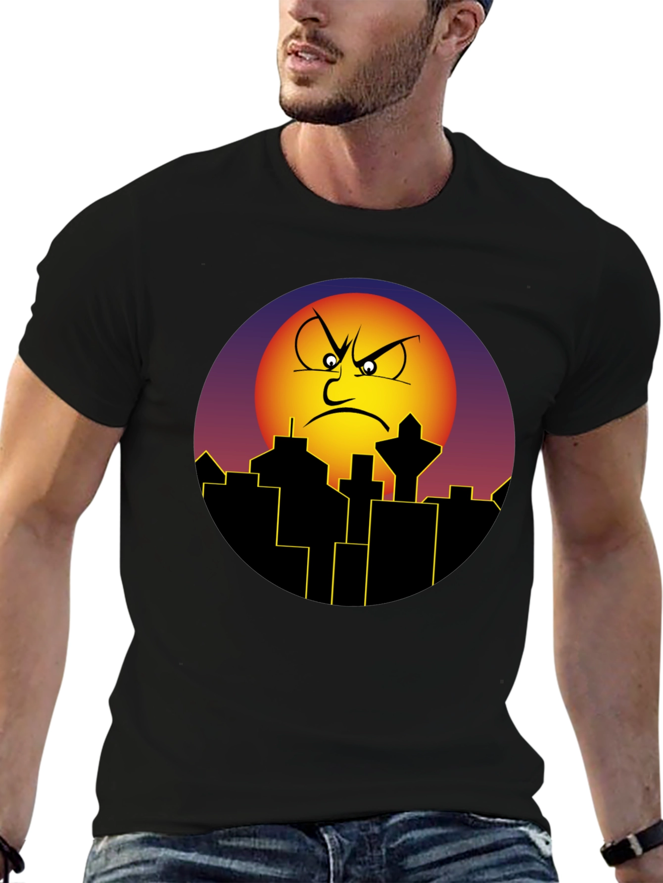 Angry Sun Cityscape Graphic Tee - Black
