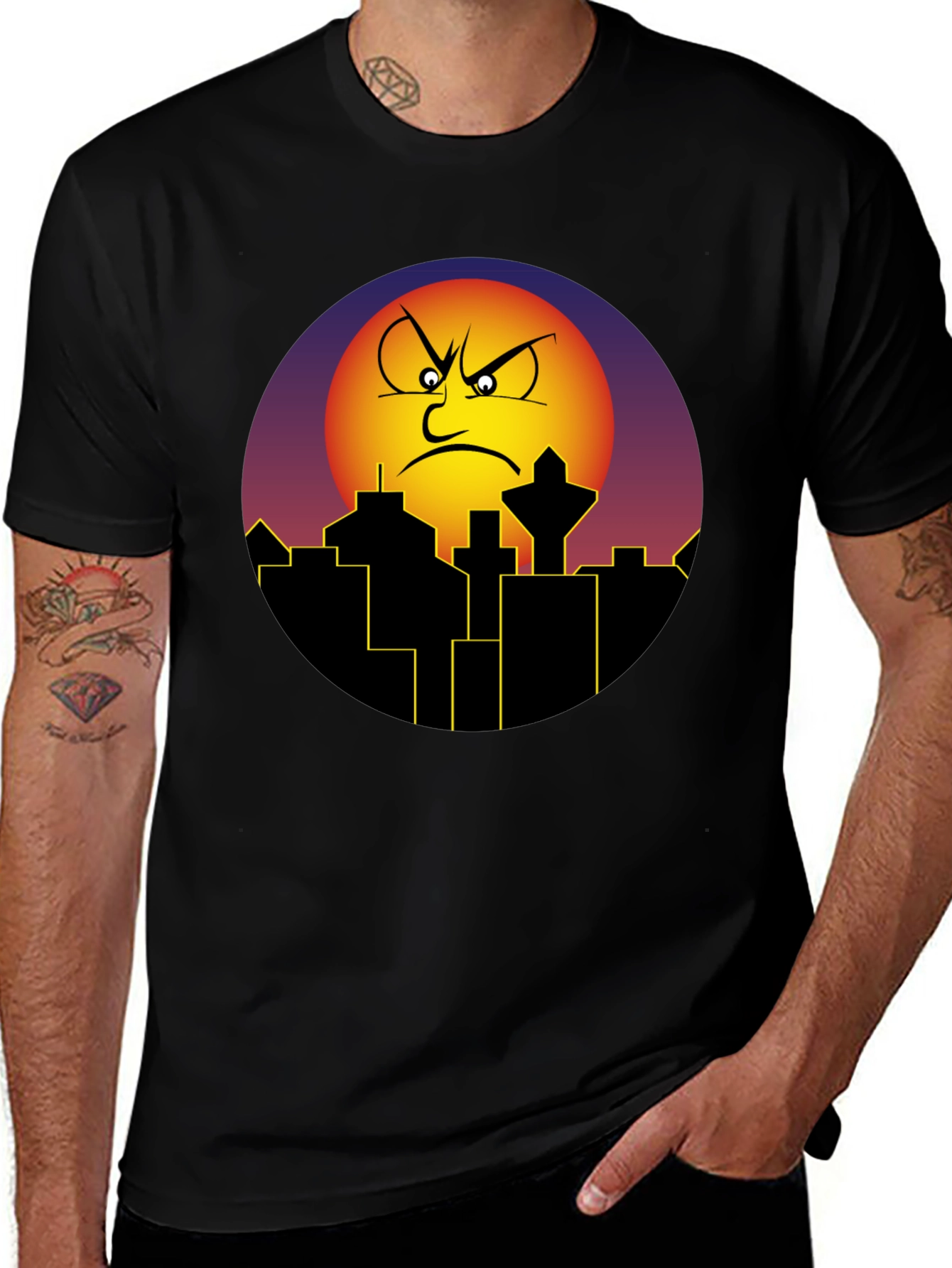 Angry Sun Cityscape Graphic Tee - Black