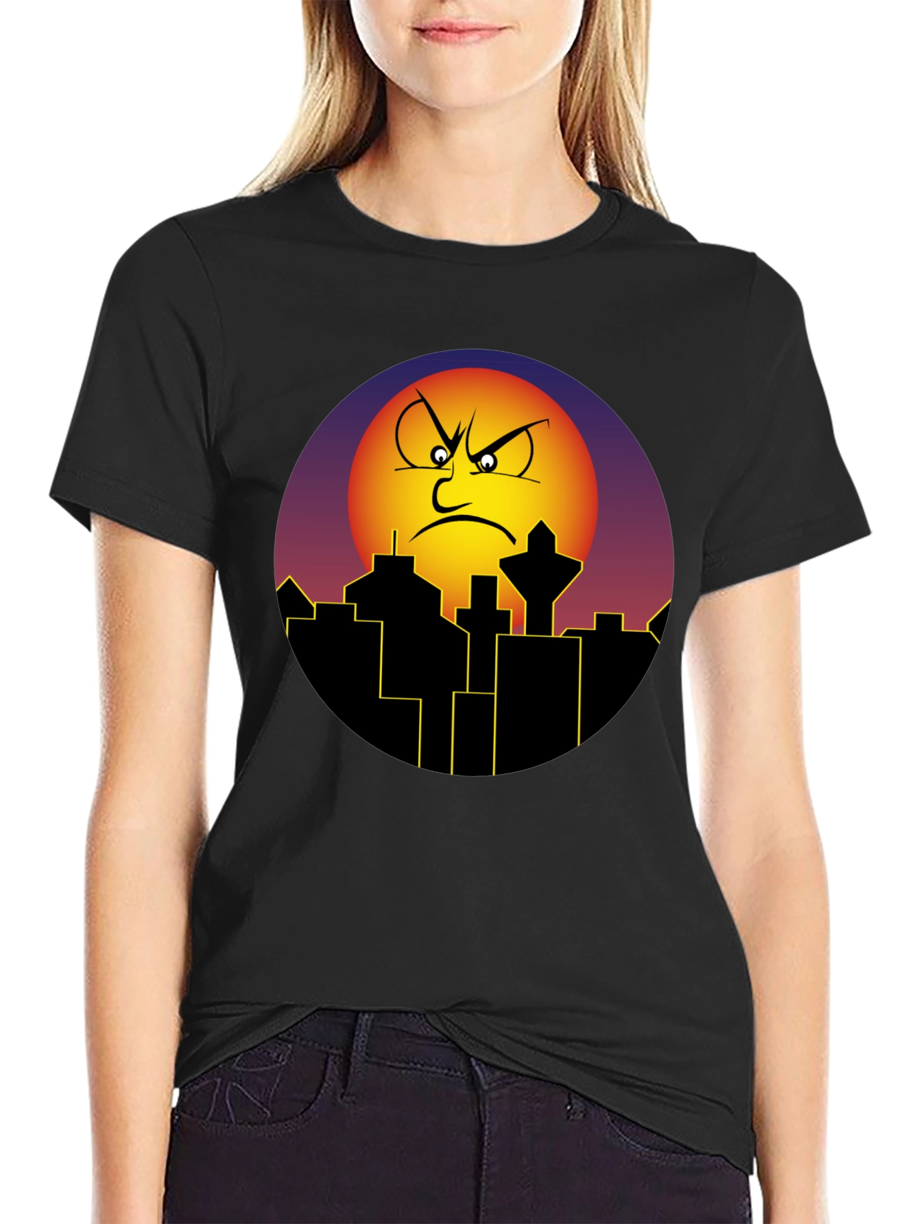 Angry Sun Cityscape Graphic Tee - Black