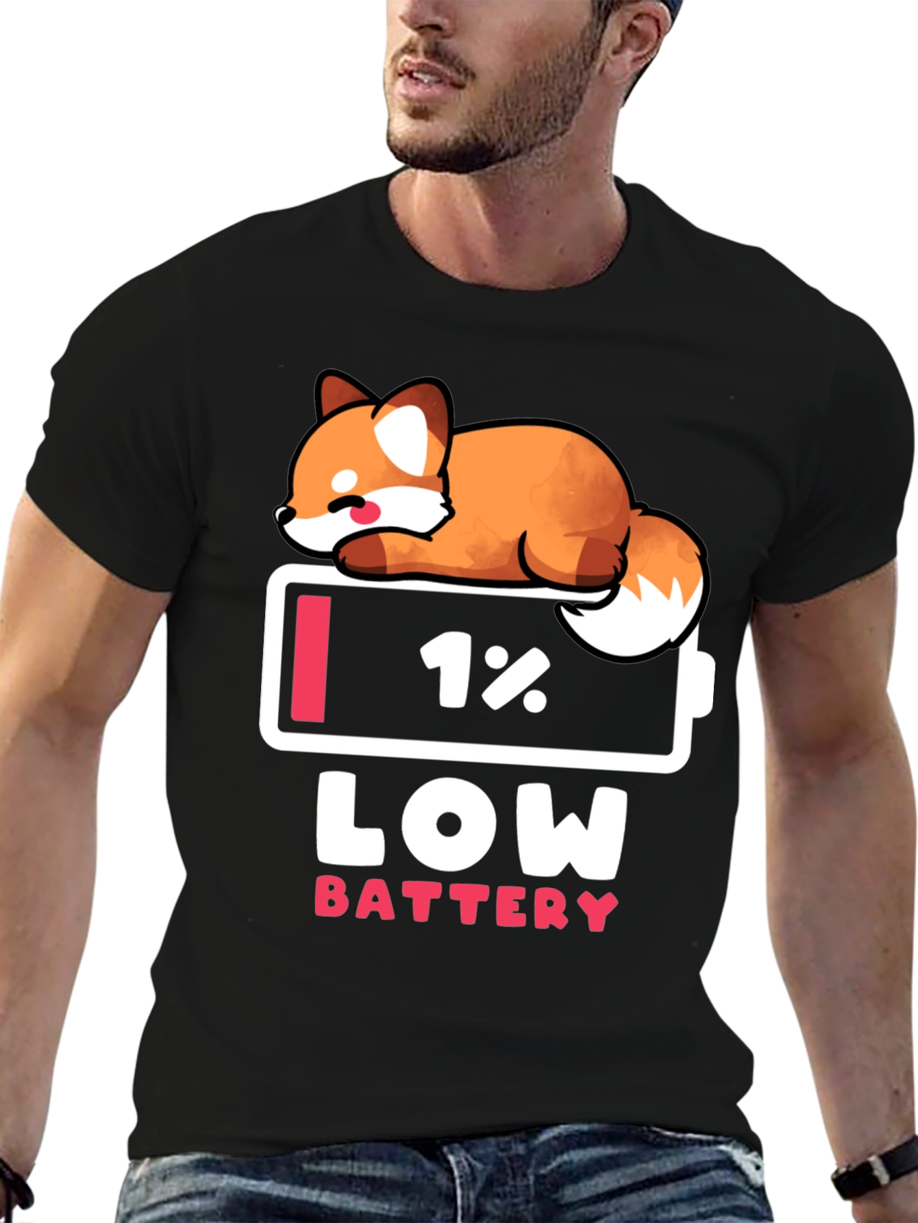 Low Battery Fox Graphic Tee - Novelty T-Shirt