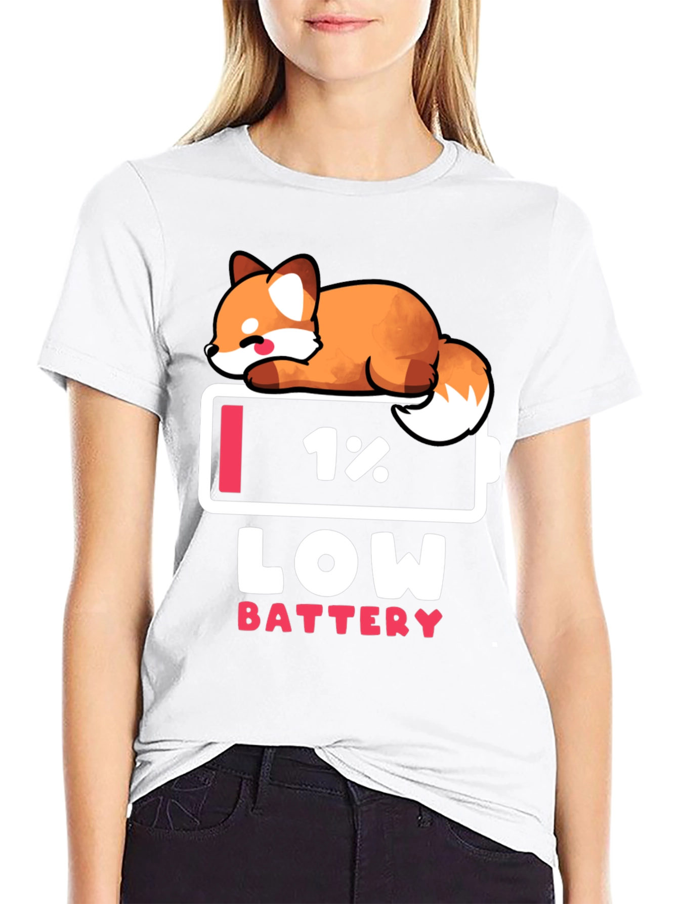Low Battery Fox Graphic Tee - Novelty T-Shirt