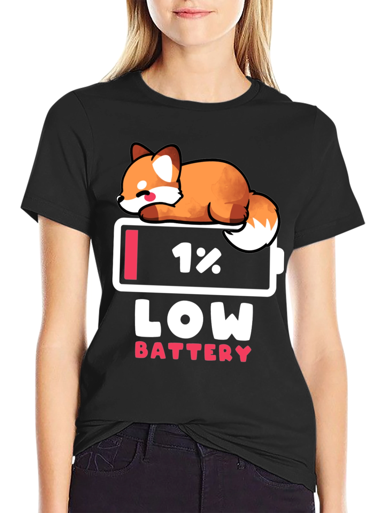 Low Battery Fox Graphic Tee - Novelty T-Shirt