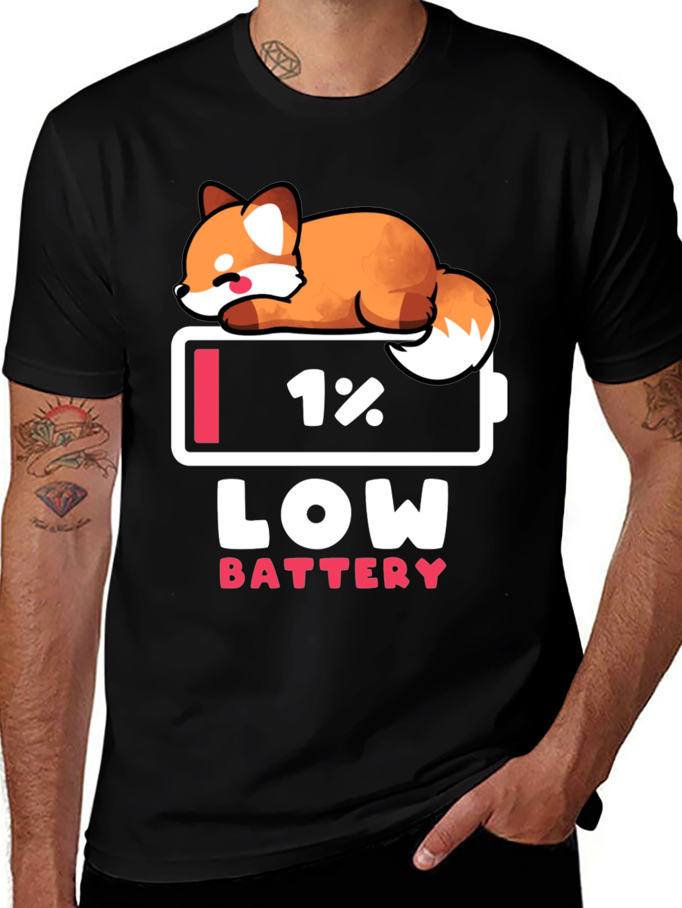 Low Battery Fox Graphic Tee - Novelty T-Shirt
