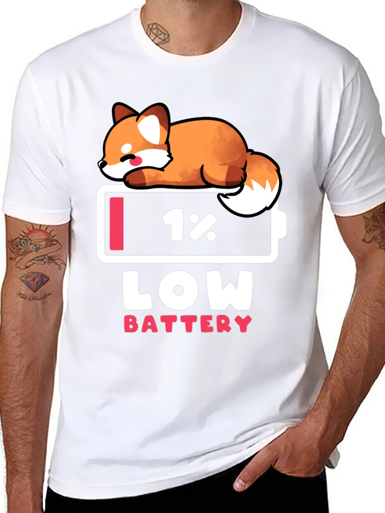Low Battery Fox Graphic Tee - Novelty T-Shirt