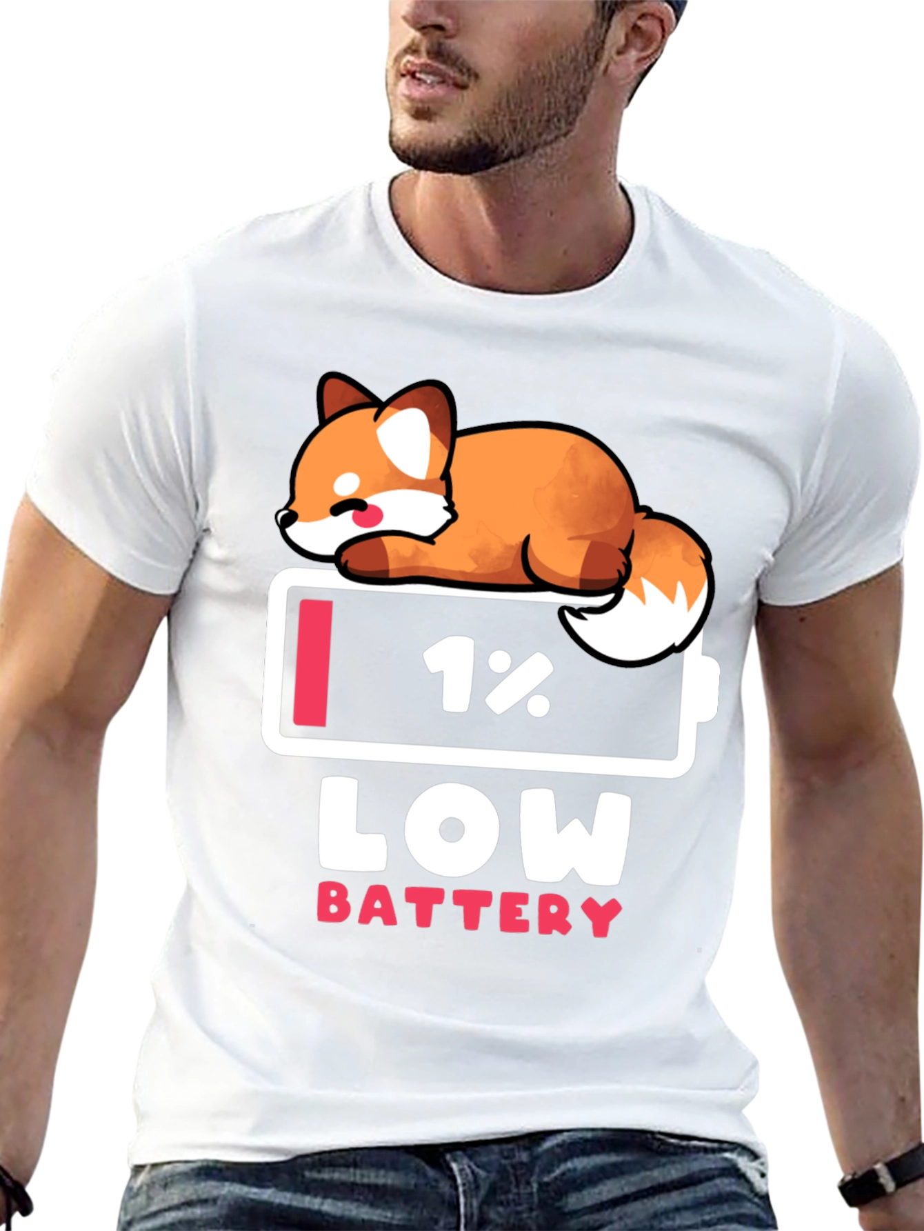 Low Battery Fox Graphic Tee - Novelty T-Shirt
