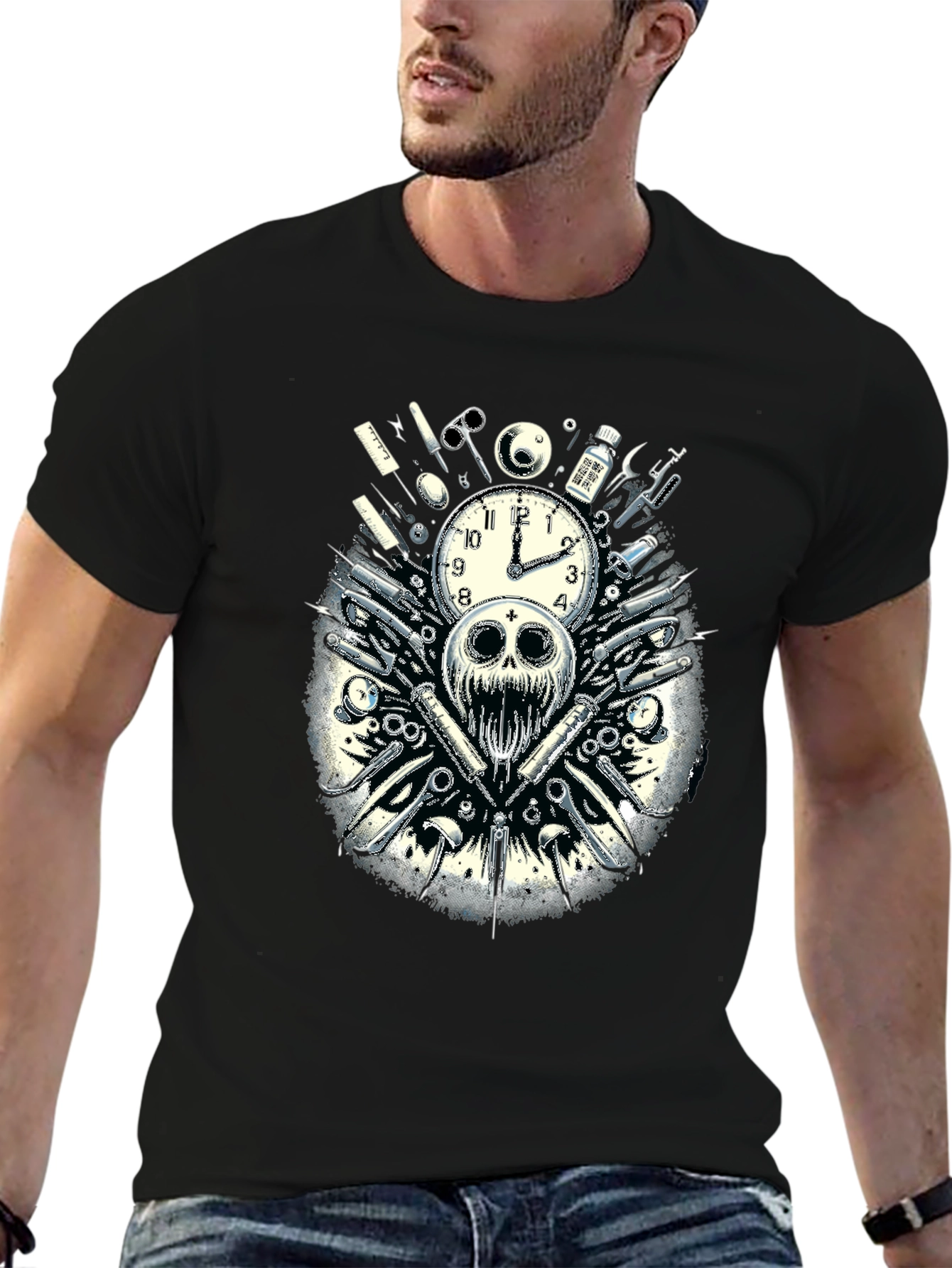 Skull & Clock Graphic T-Shirt - Edgy Fashion