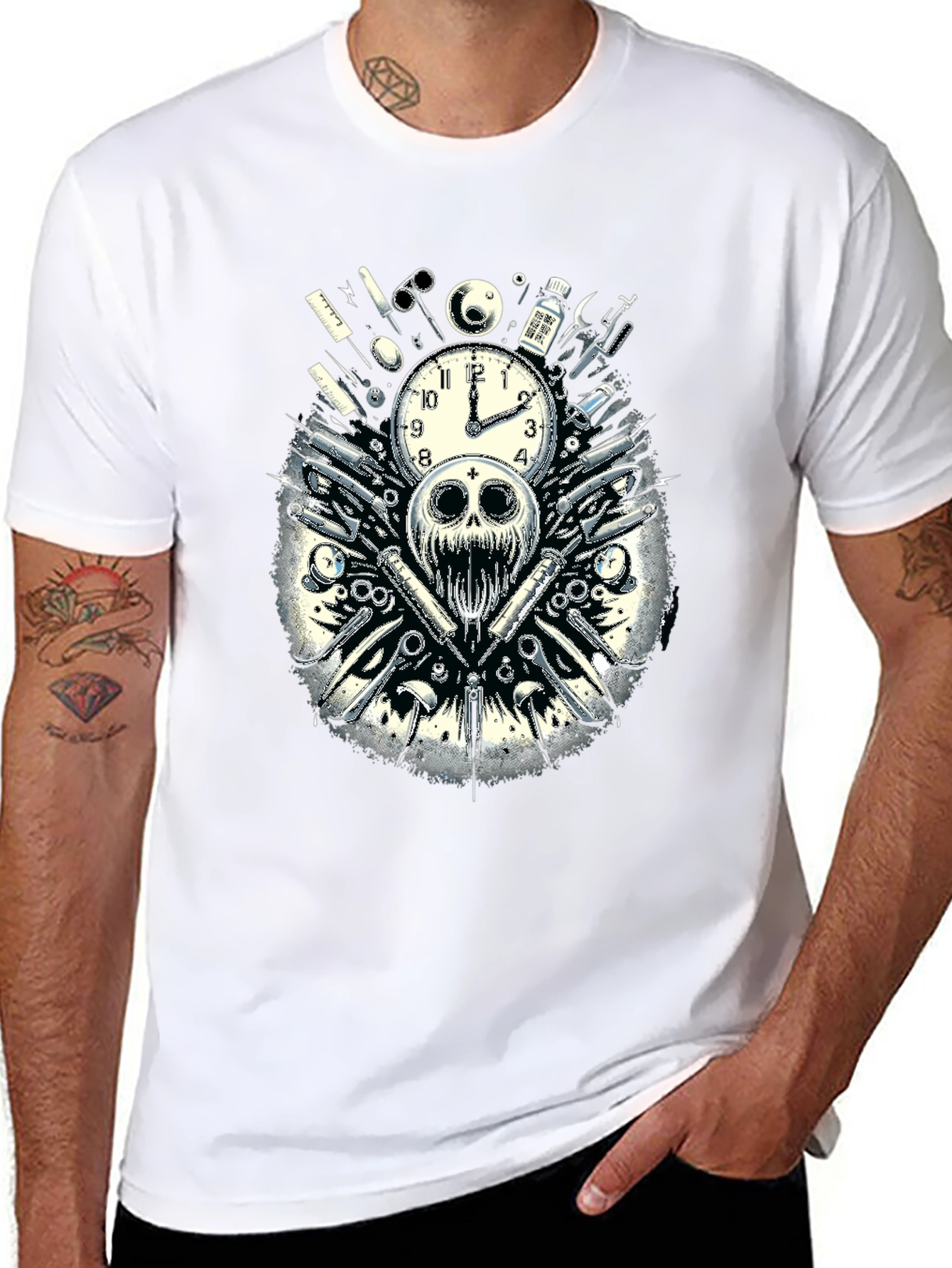 Skull & Clock Graphic T-Shirt - Edgy Fashion