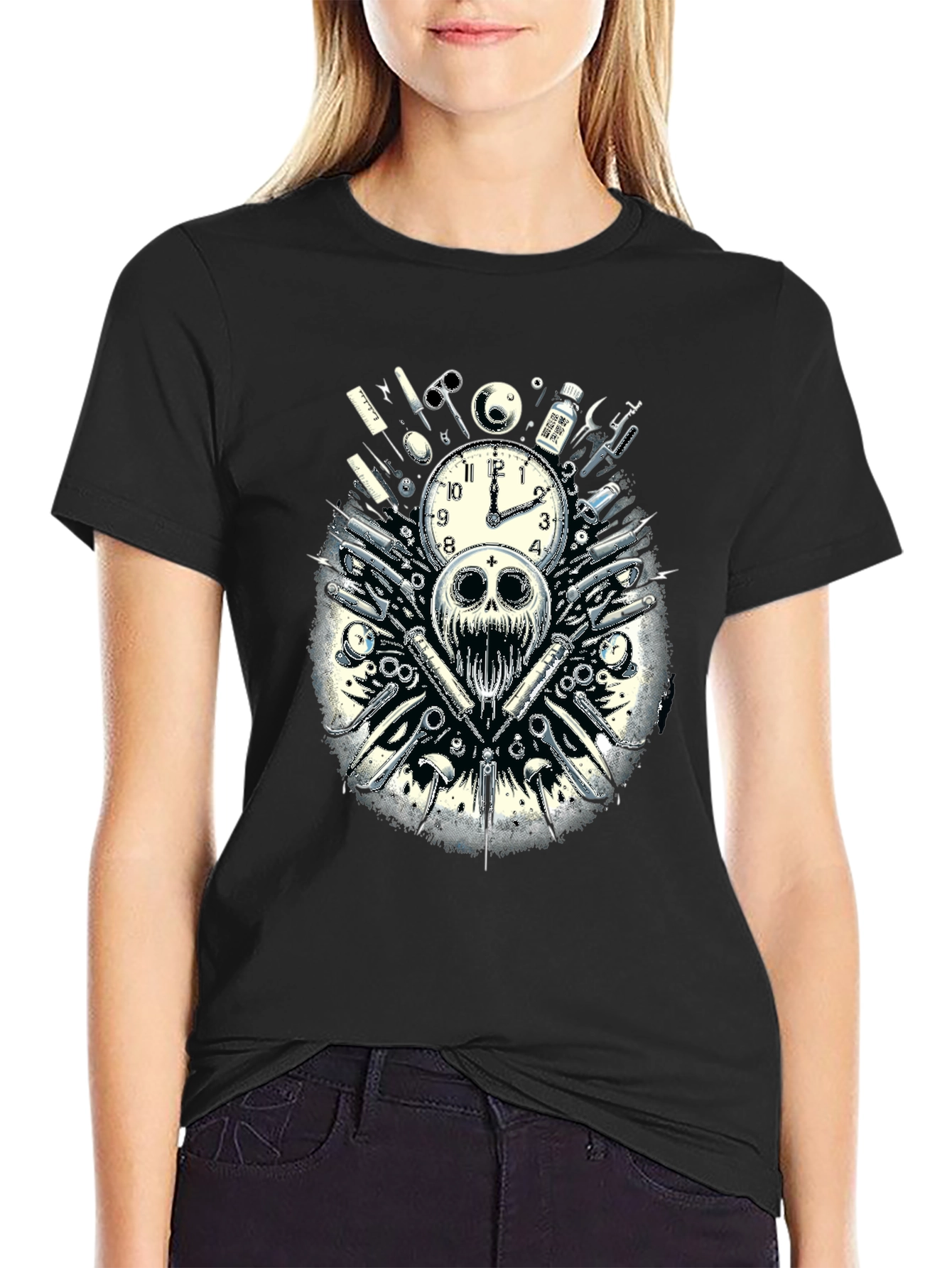 Skull & Clock Graphic T-Shirt - Edgy Fashion