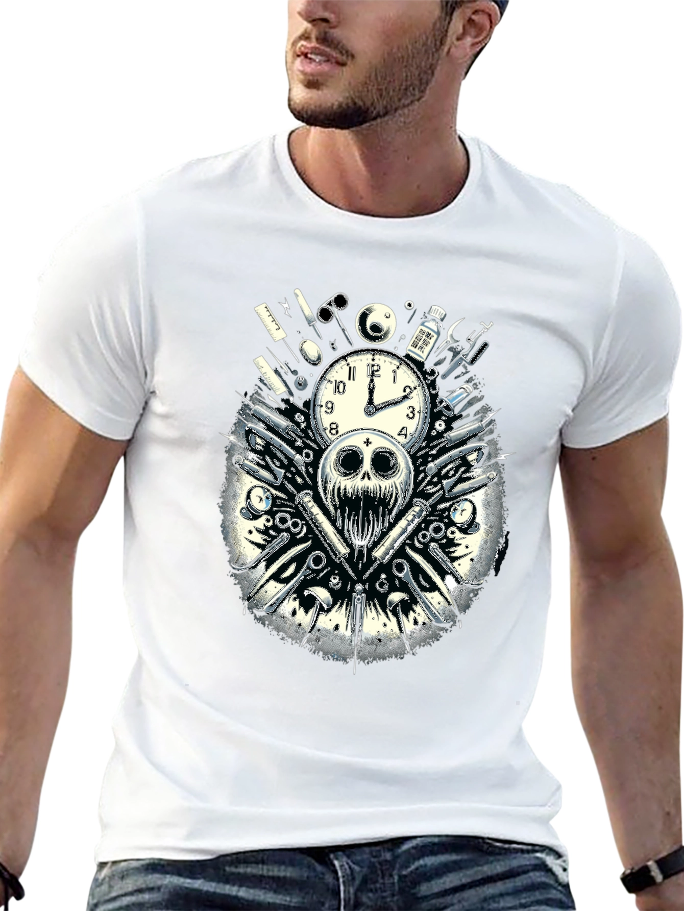 Skull & Clock Graphic T-Shirt - Edgy Fashion