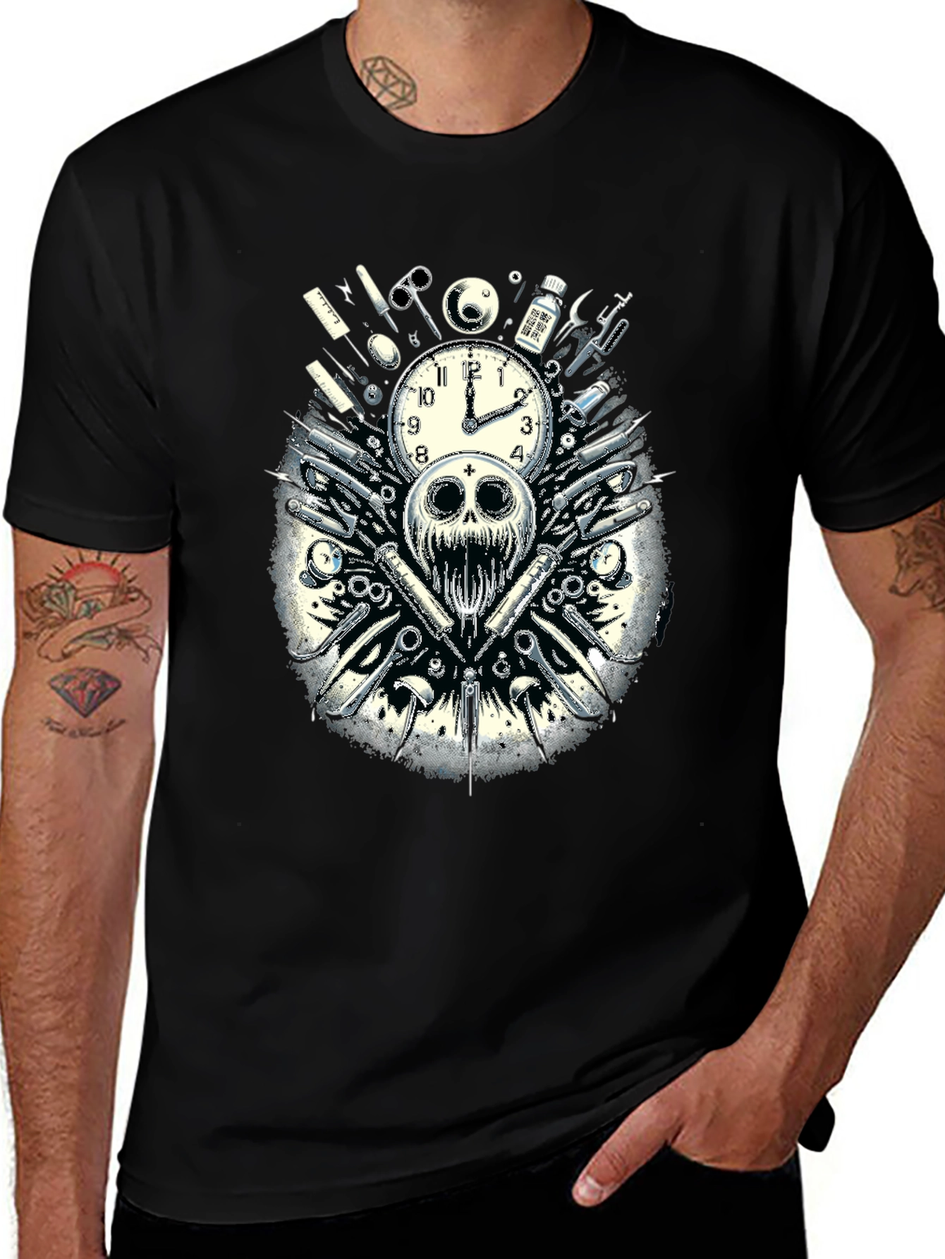 Skull & Clock Graphic T-Shirt - Edgy Fashion
