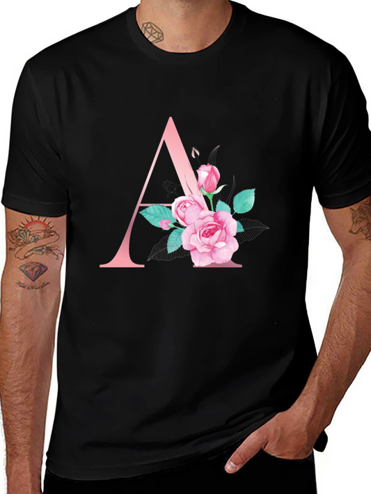 Floral Initial A Black T-Shirt