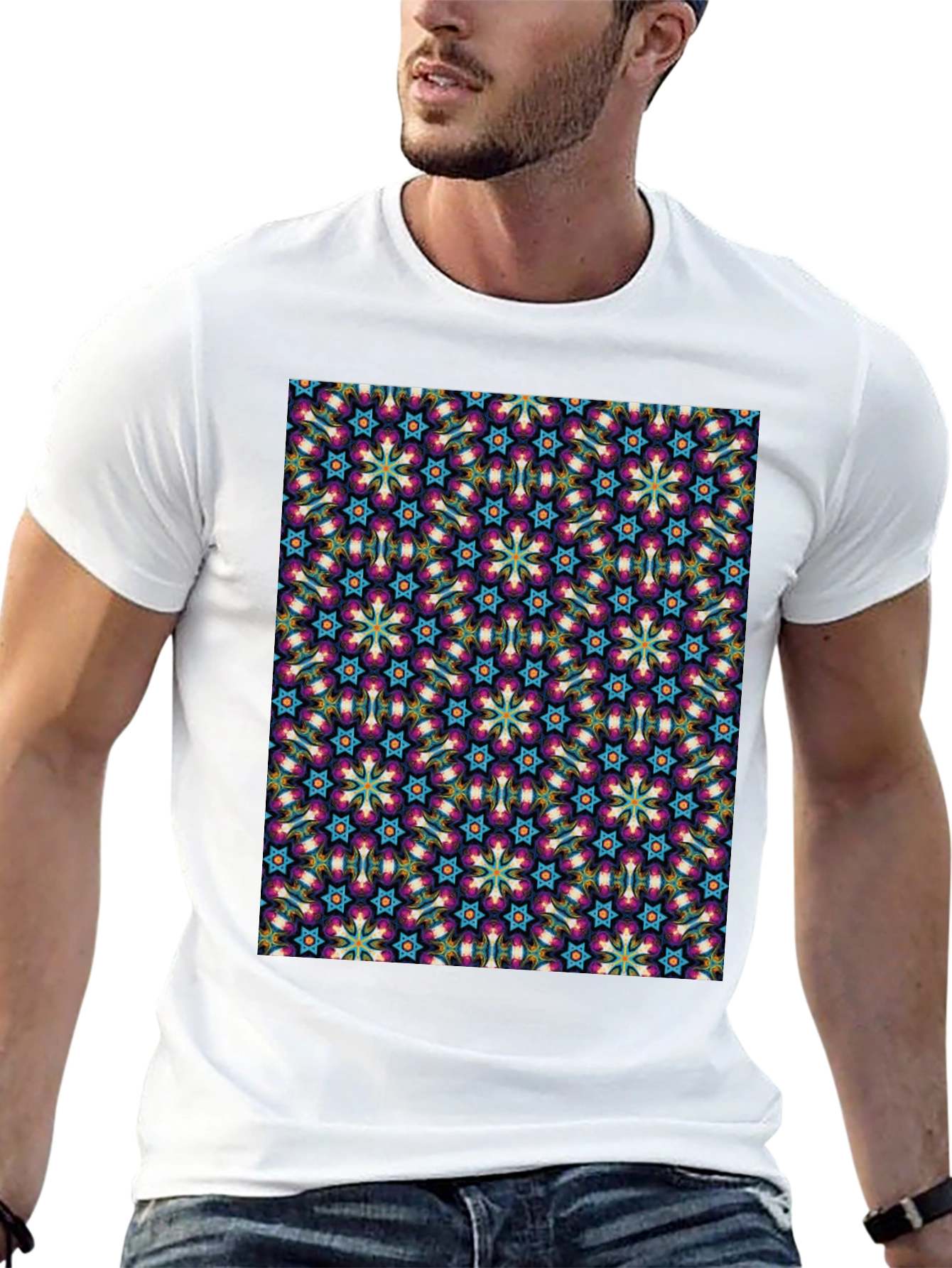Geometric Floral Pattern Black T-Shirt
