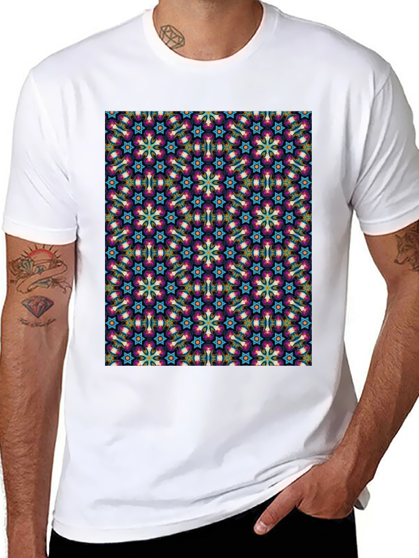 Geometric Floral Pattern Black T-Shirt