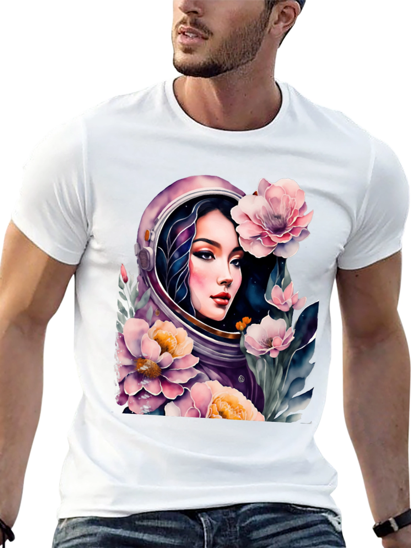 Astronaut Girl in Floral Space - Black T-Shirt
