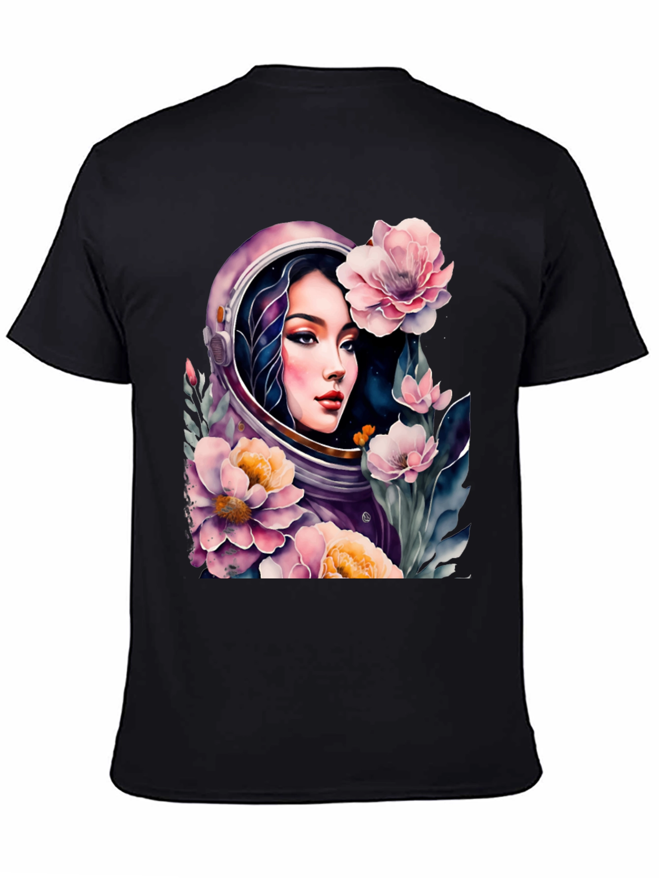 Astronaut Girl in Floral Space - Black T-Shirt