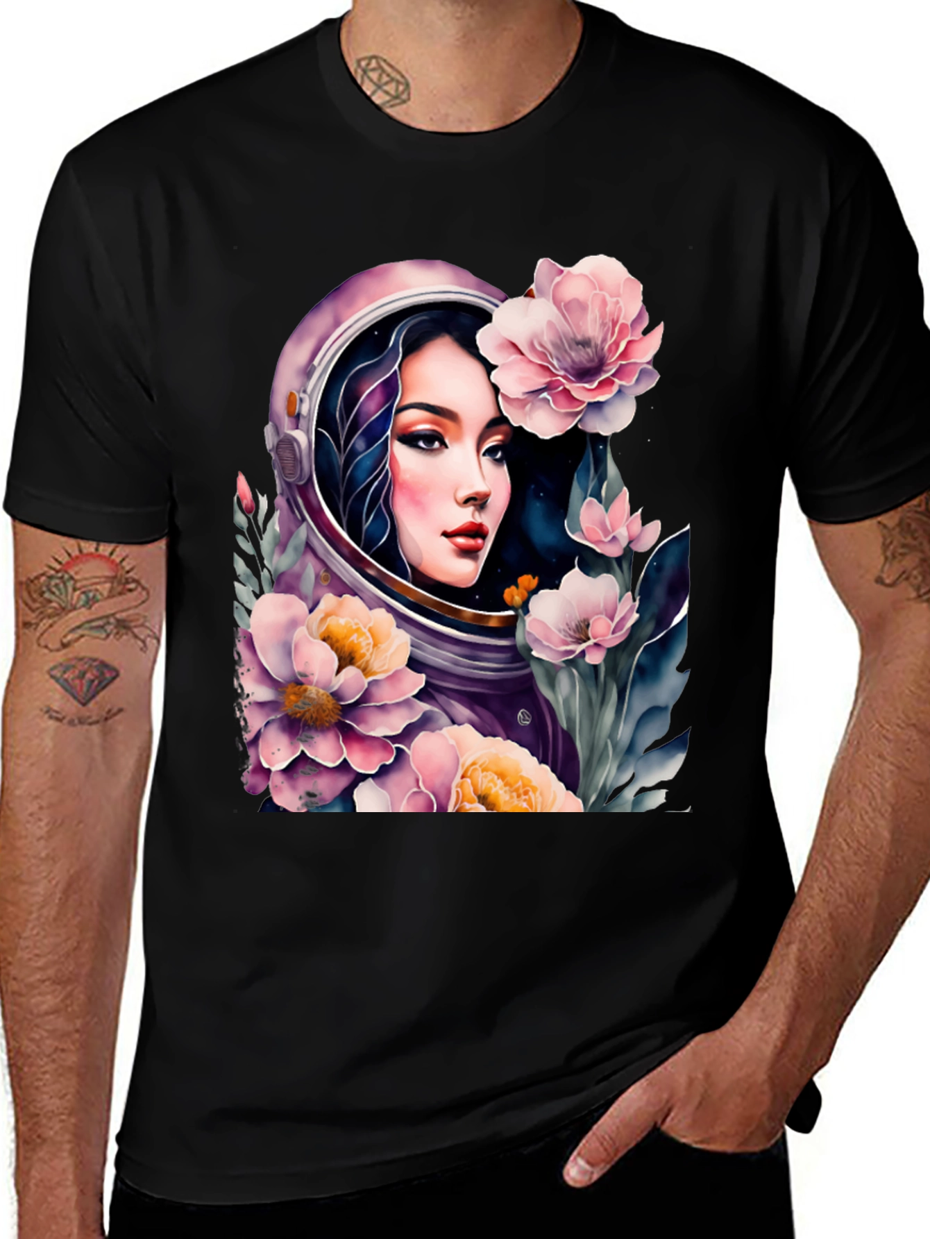 Astronaut Girl in Floral Space - Black T-Shirt