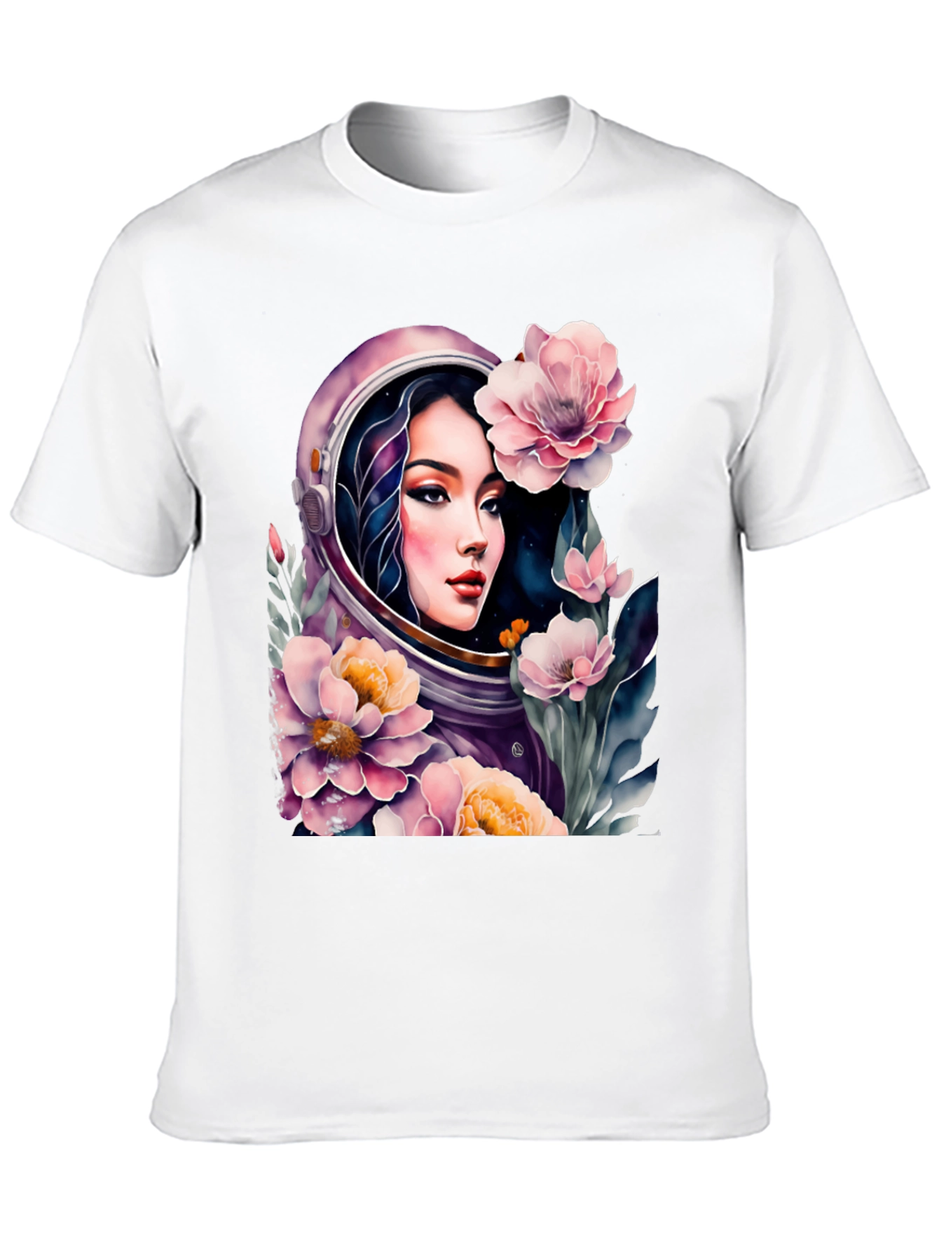 Astronaut Girl in Floral Space - Black T-Shirt