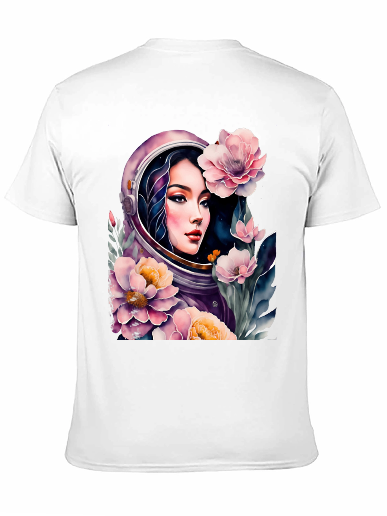 Astronaut Girl in Floral Space - Black T-Shirt
