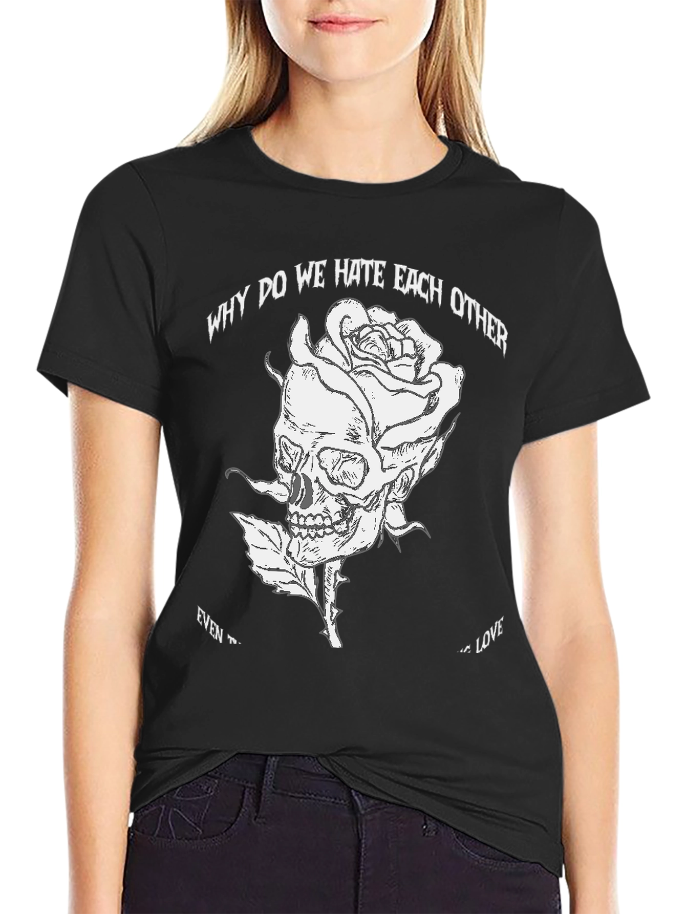 Skull Rose Graphic Tee - Black Cotton Blend T-Shirt