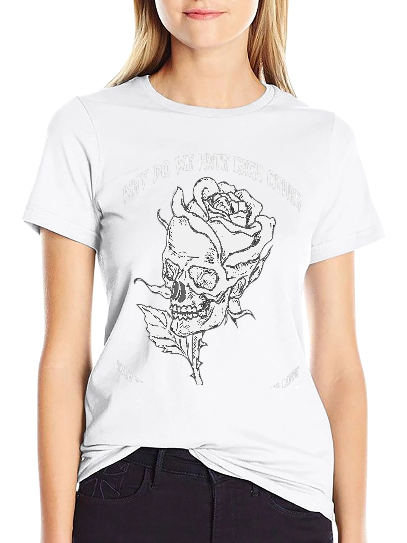 Skull Rose Graphic Tee - Black Cotton Blend T-Shirt