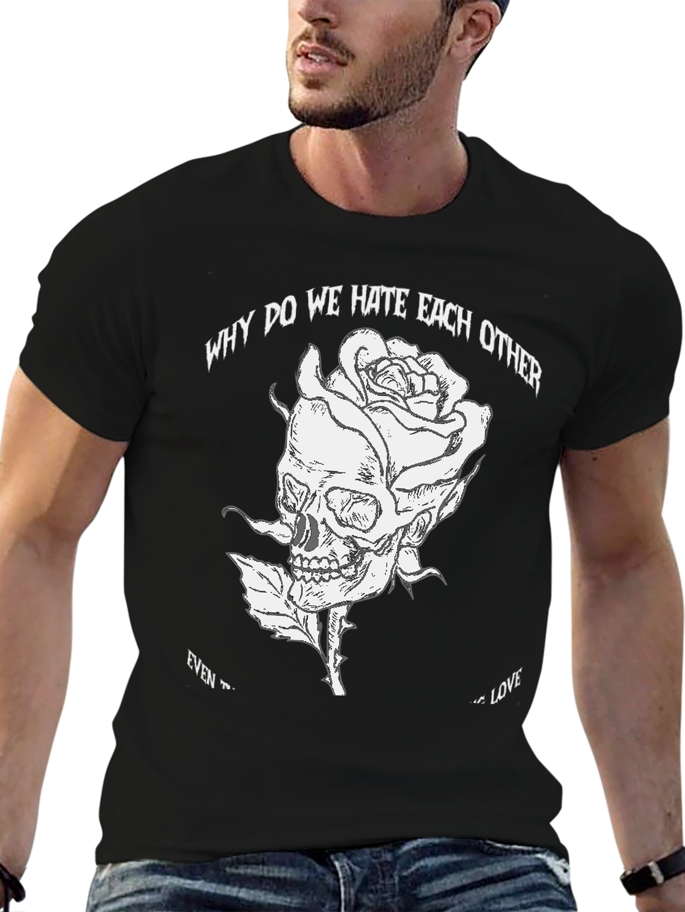 Skull Rose Graphic Tee - Black Cotton Blend T-Shirt