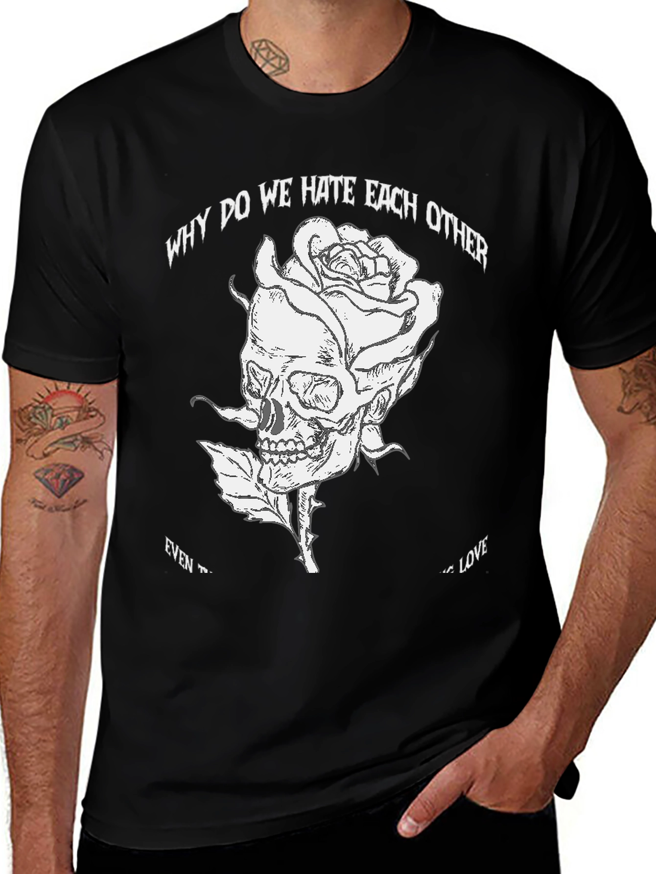 Skull Rose Graphic Tee - Black Cotton Blend T-Shirt