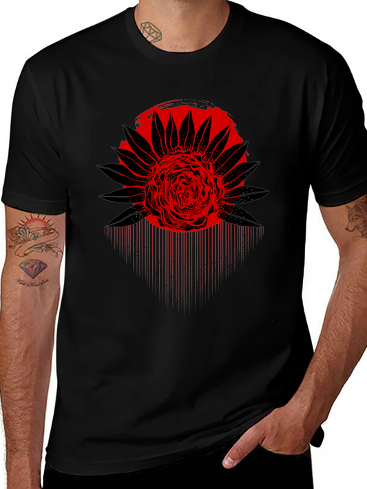 Red Floral Graphic Black T-Shirt