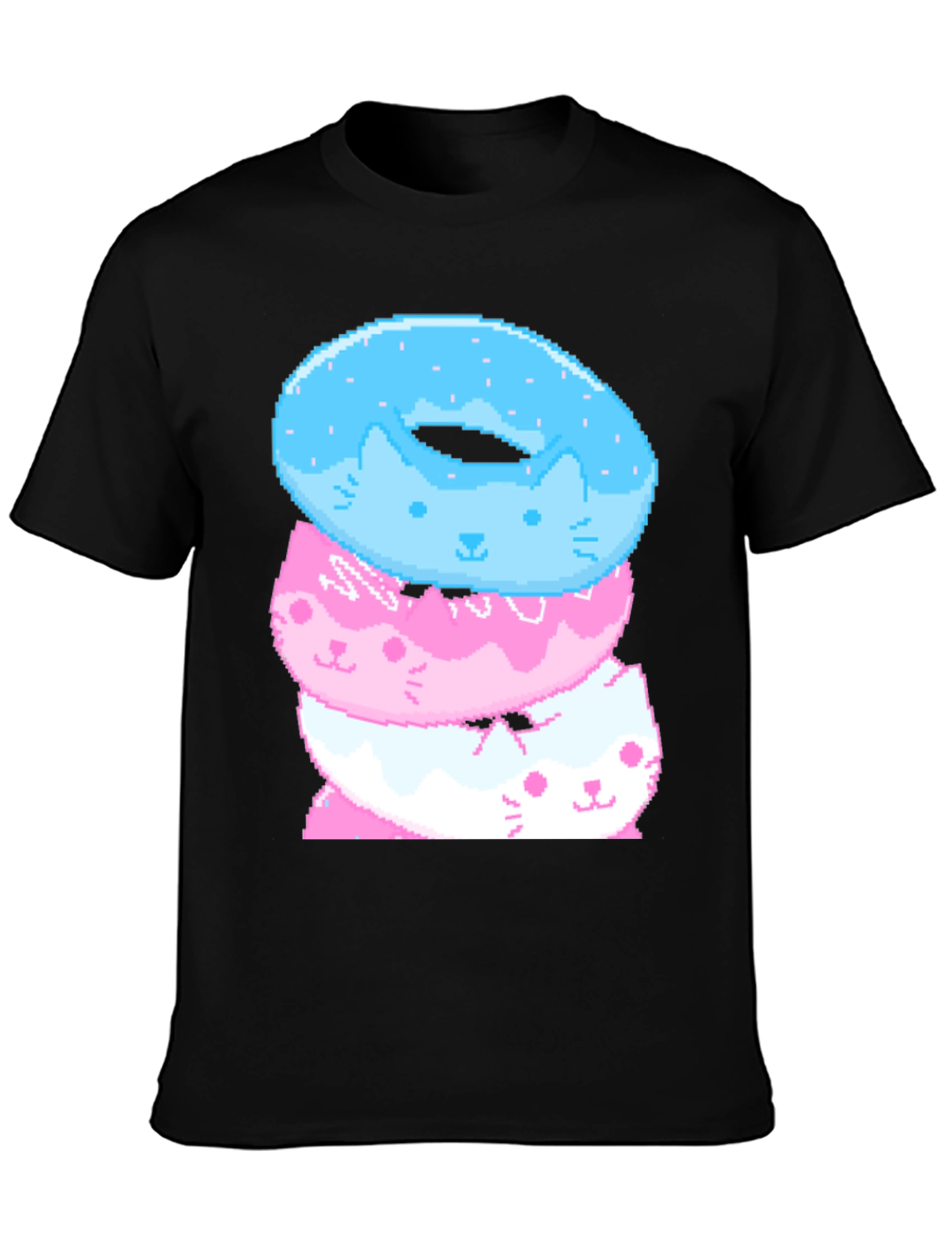 Pixel Cat Donut Stack Black T-Shirt