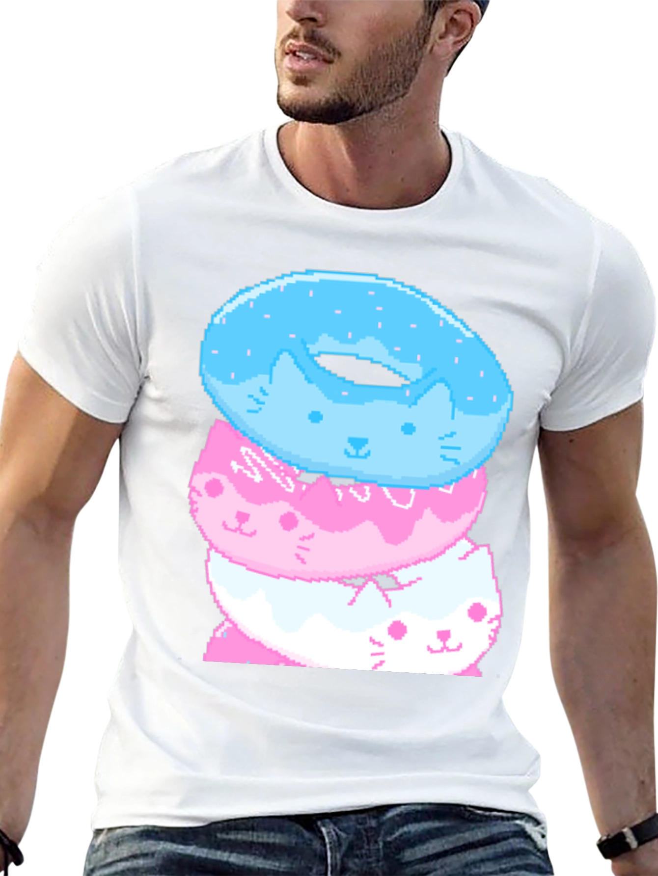 Pixel Cat Donut Stack Black T-Shirt