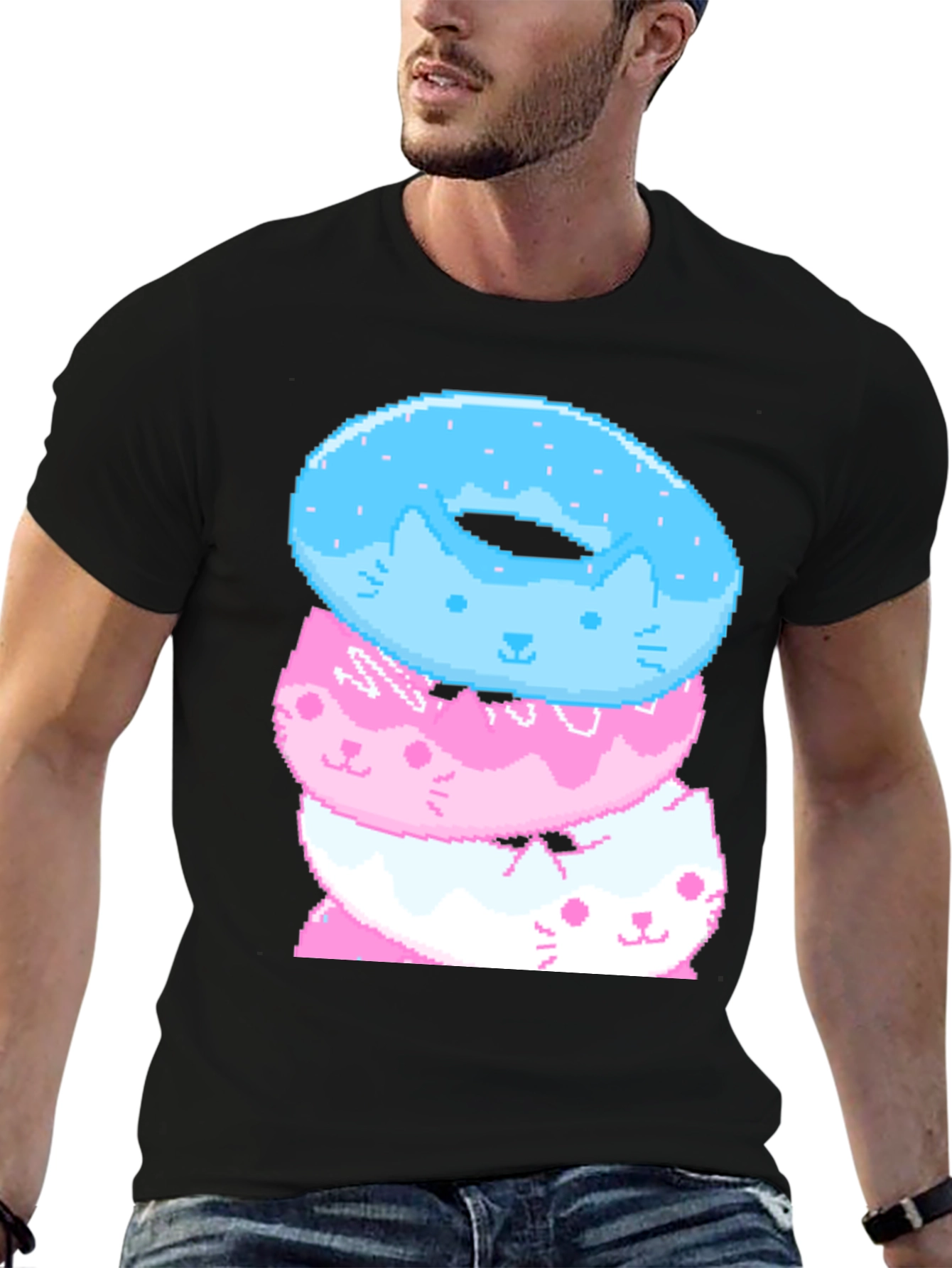 Pixel Cat Donut Stack Black T-Shirt