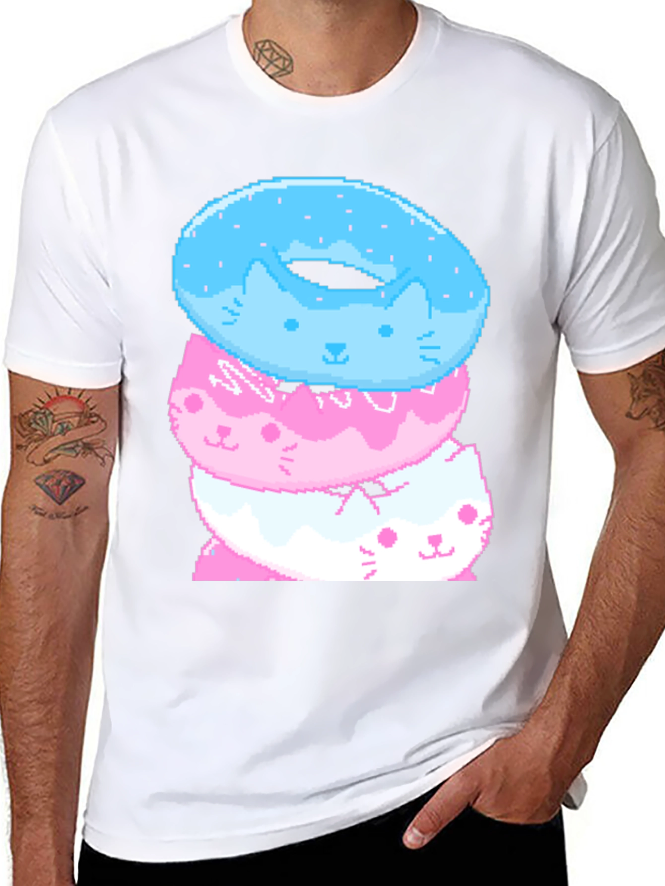Pixel Cat Donut Stack Black T-Shirt