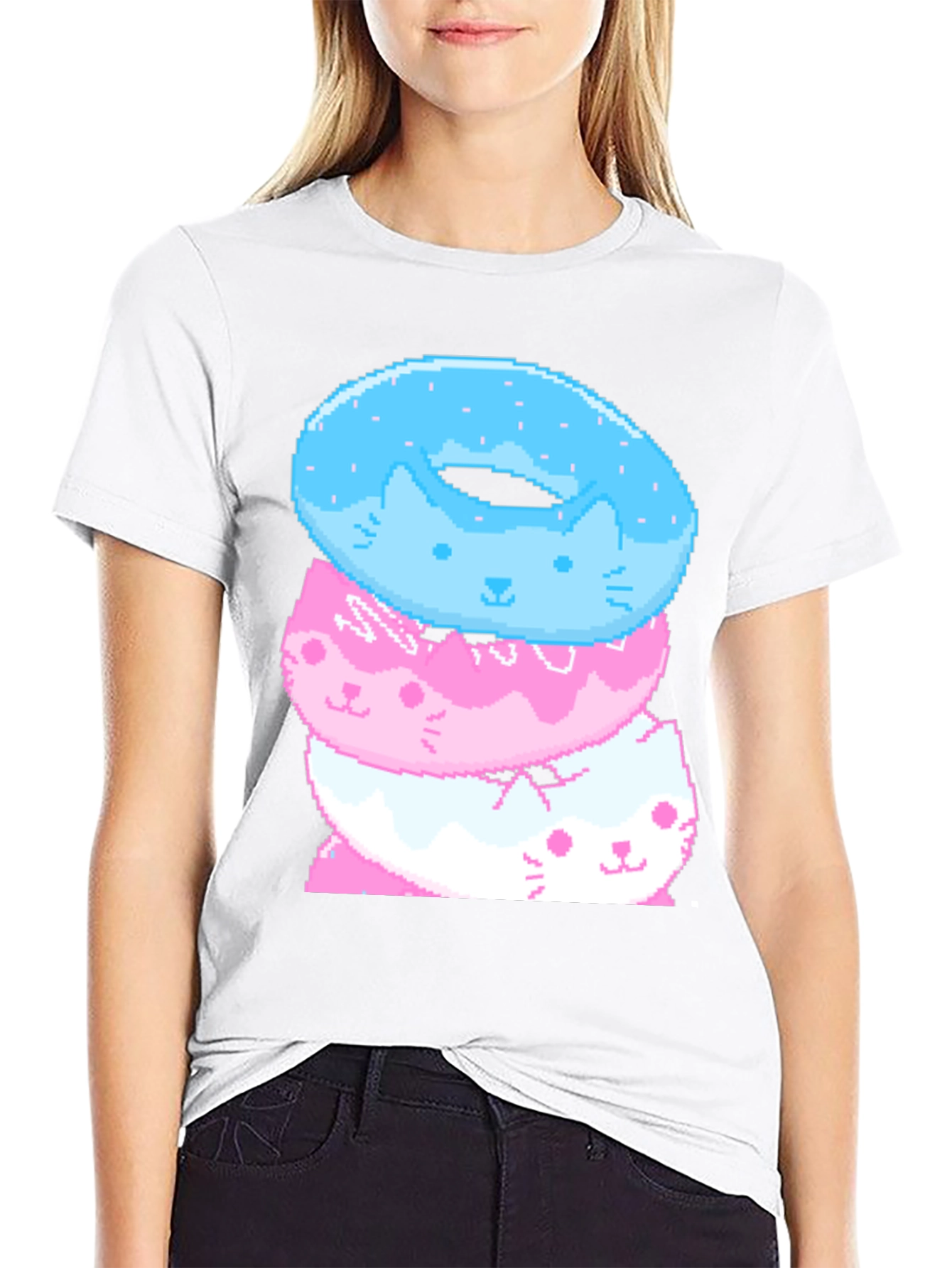 Pixel Cat Donut Stack Black T-Shirt
