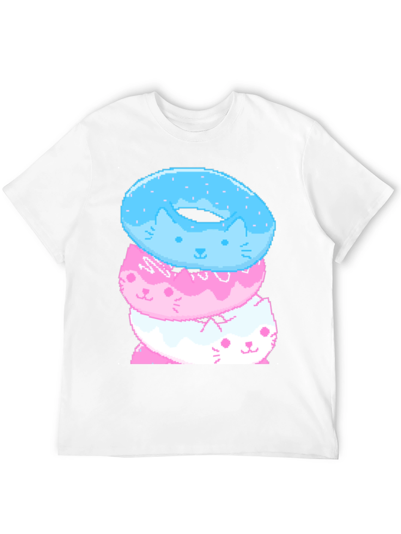 Pixel Cat Donut Stack Black T-Shirt